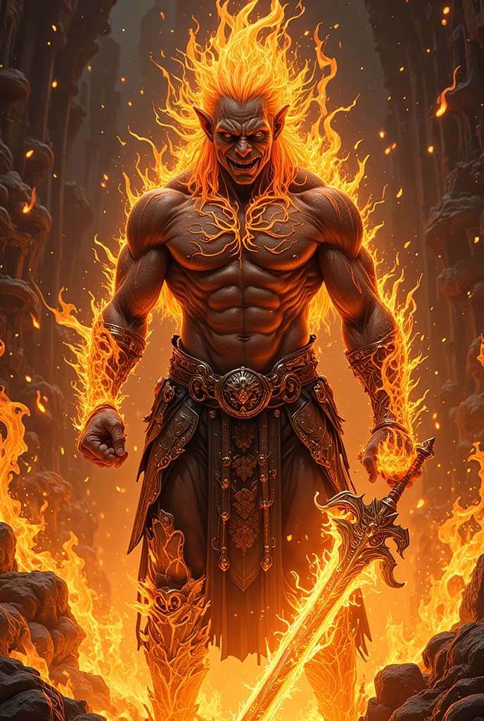 Lapu lapu depicting a lava body and crown of fire with a fiery and scary kampilan with bone handle and a traditional Filipino tattoo and a lean and athletic body with a face of burning skeleton 