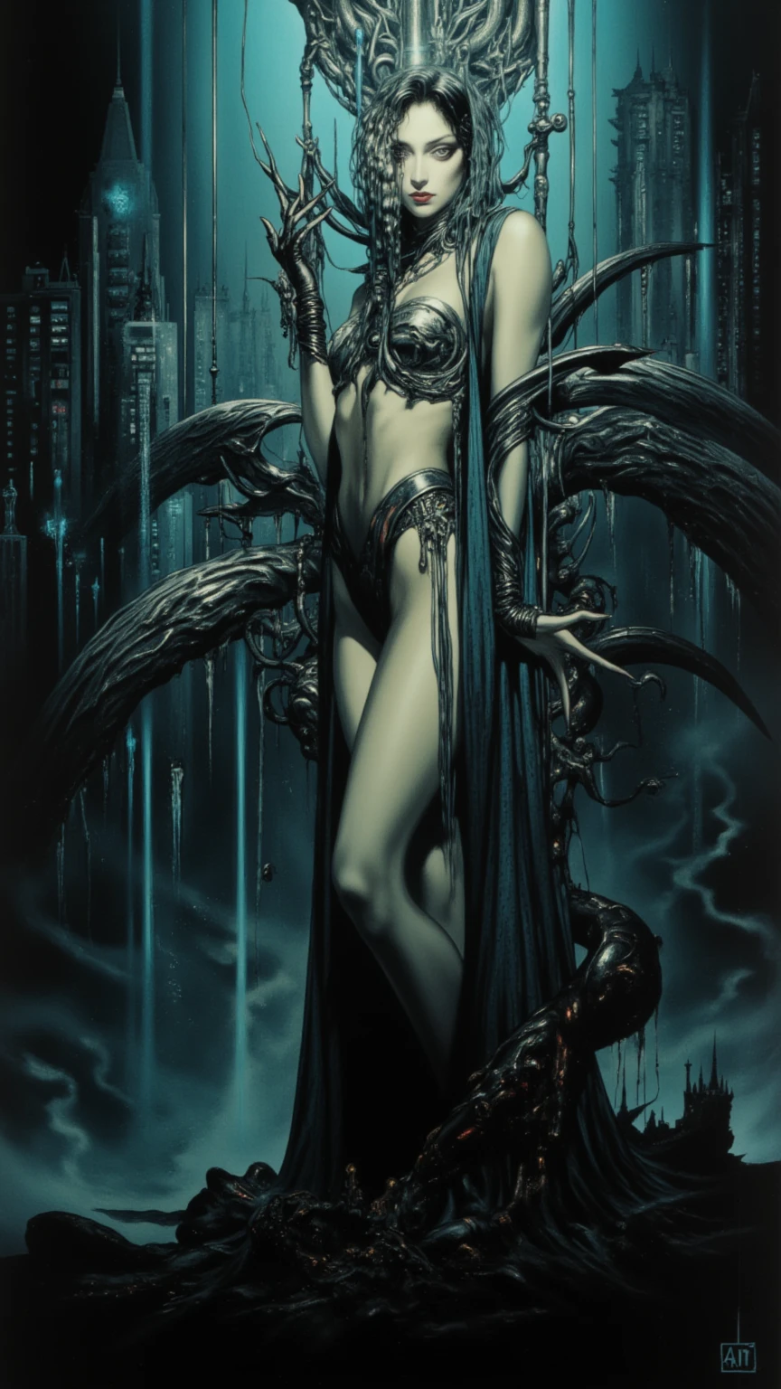 contaminated sexy monster girl, large landscape, dead world theme, polluted world, destroyed city, no vegetation, polluted water, dark world, spectacular otherworldly sky, mutant monsters on stage (art inspired by Bill Sienkiewicz). oil painting)(best quality,4k,8k,highres,masterpiece:1.2),ultra-detailed,(realistic,photorealistic,photo-realistic:1.37),intricate details,vivid colors,sharp focus,professional,Dave McKean artwork, oil touch of surrealism,oil painting style