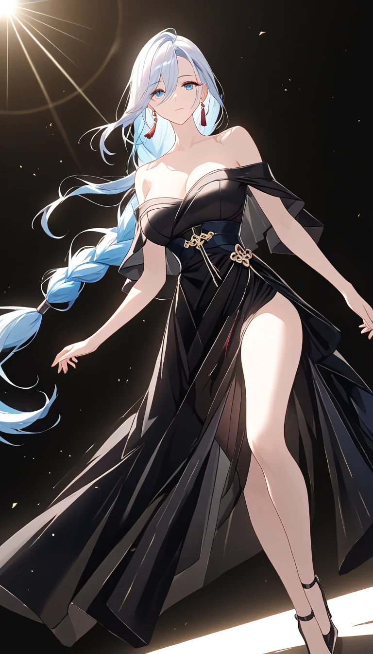 20-year-old female　Light blue hair　Straight Long Hair　Blue Eyes　Body facing forward　face is slanted　Dark blue long dress　I'm holding a single blue rose.　Fair skin