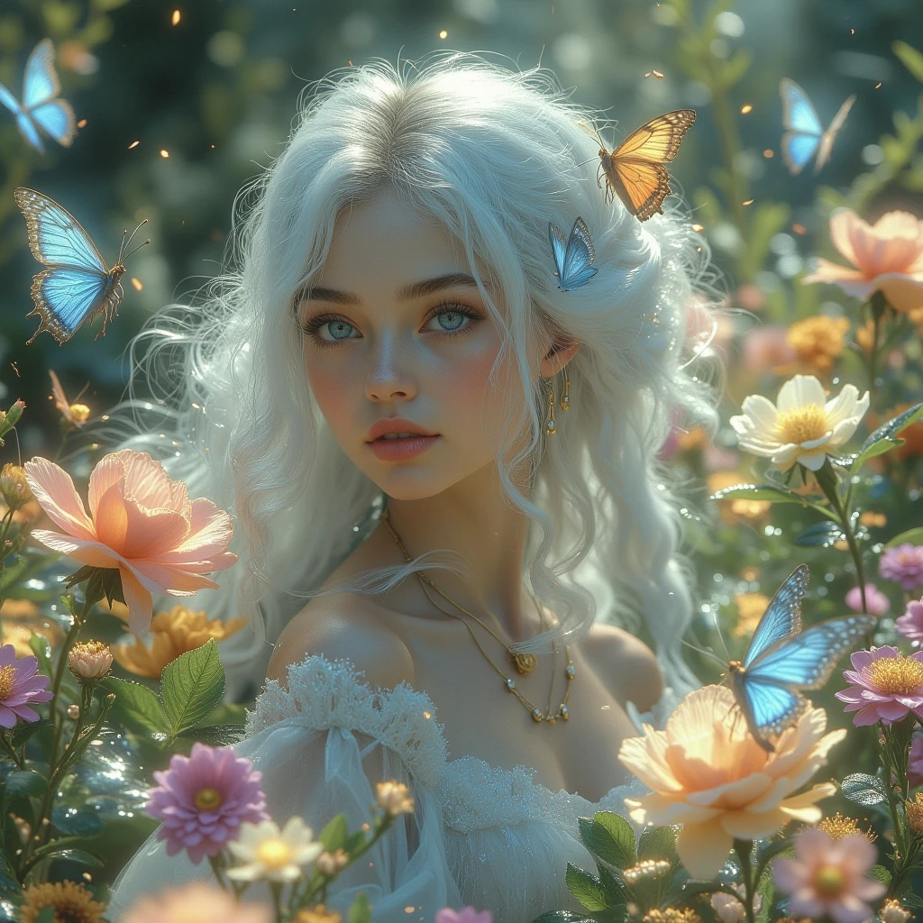 Woman with mixed skin, emerald eyes, torn and quite clear, with white hair, thin as a super model