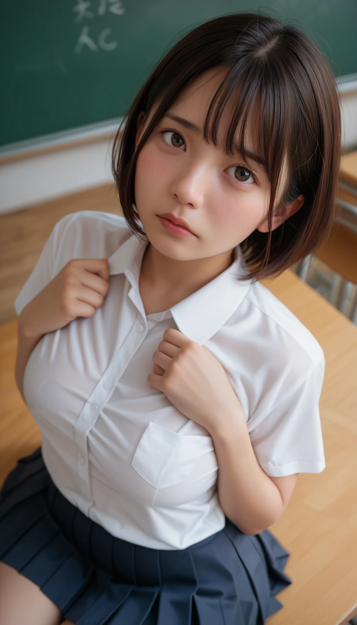 realistic, medium breasts、((white shirt)) , ((angle from above))、((curvy body))、Wearing a pleated skirt 、((face close-up))、((Y shirt))、(( embarrassed expression)) attractive、(angle、 She's looking up ) In the classroom、short hair、Female Student