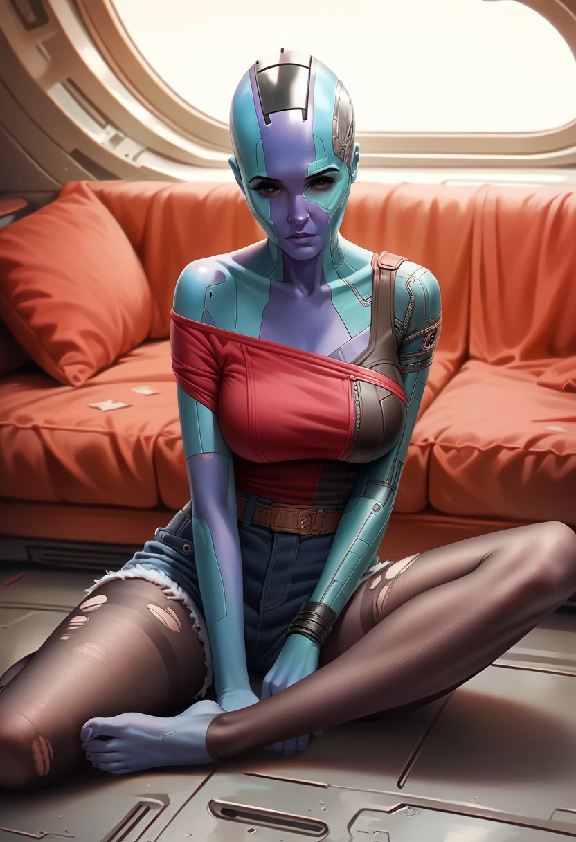 (((Full nude body, perfect nude tits))), NebulaG, ripped pantyhose, sexy pose, black eyes, sitting on the floor, in a spaceship