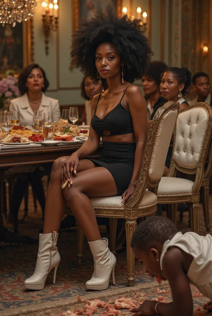 An English woman, a millionaire, evil and arrogant, with white skin, long broken black hair, a black miniskirt, a low-cut blouse, fishnet stockings, and black high-heeled sandals, sitting on a bench, resting her feet on the face of a man. slave drinks black while she eats ice cream. The black, malnourished, sick and thin baby slave opens his mouth and licks the soles of his sandals as he cries in pain under the English woman's feet. In the background a luxurious garden and white English women with blonde hair walk and mock the slave baby.