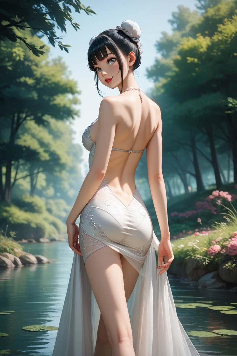 (Background with:ponds,Cherry blossom forest,lotus flower)Lie underwater, She has short black hair,seen from the front,, mostly cloudy sky,(((tmasterpiece),(Very detailed CG unity 8K wallpaper),best qualtiy,cinmatic lighting,detailed back ground,beatiful detailed eyes,Bright pupils,Black eyes,Snow-whiteskin,Redlip(Very fine and beautiful),(Beautiful and detailed eye description),ultra - detailed,tmasterpiece,))facing at camera,A high resolution,ultra - detailed),revealing breasts,Bare genitalia, Bulge,legs are open,Raised sexy,Camel toes,Desire for dissatisfaction,frontage,(Wearing:,Transparent maid outfit,Bare ,Transparent apron,Blue and white color scheme)Iron Man uniform,.sexy pose,detailed face, detailed eyes, detailed hands, colors, sexy pose