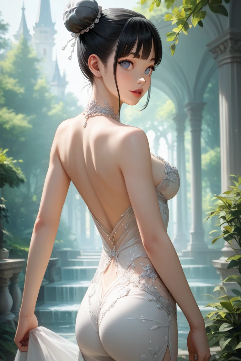 In the garden stood a woman in a white dress。, wlop and ross thran, Ross Tran 8 K, ross tran and wlop, a sexy maid in a magical forest, beautiful fantasy maiden, style of wlop, art by wlop, WLOP Art, Ethereal beauty, beautiful fantasy art, a beautiful fantasy empress, Guviz