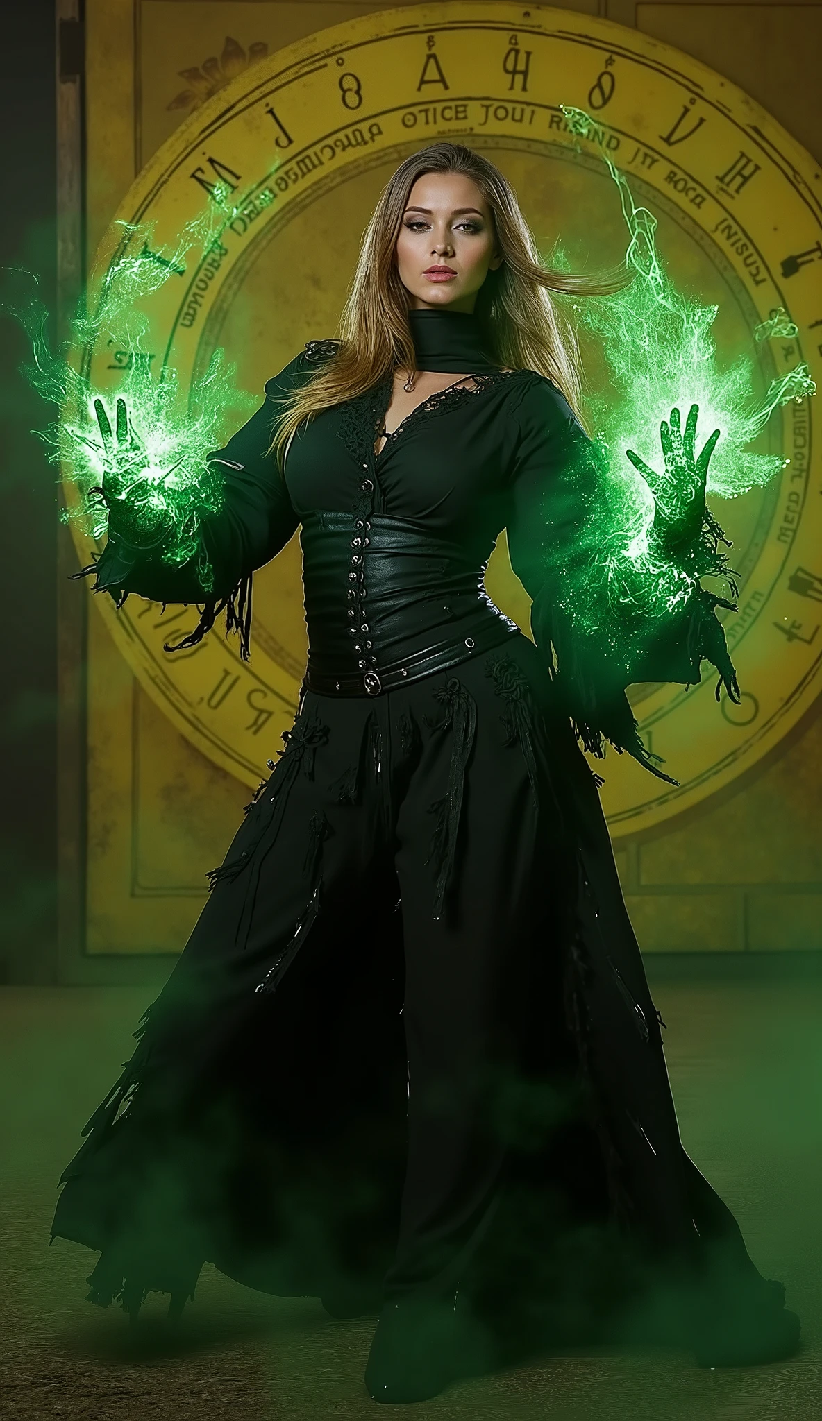 Hyperrealistic, ultra HD,8K Resolution,Dark Fantasy art, A female mage clad in torn black robe, attacking pose, green poisonous aura surrounding hands, yellow illuminating ancient rune floating around, ornate design, magical mysterious appearance