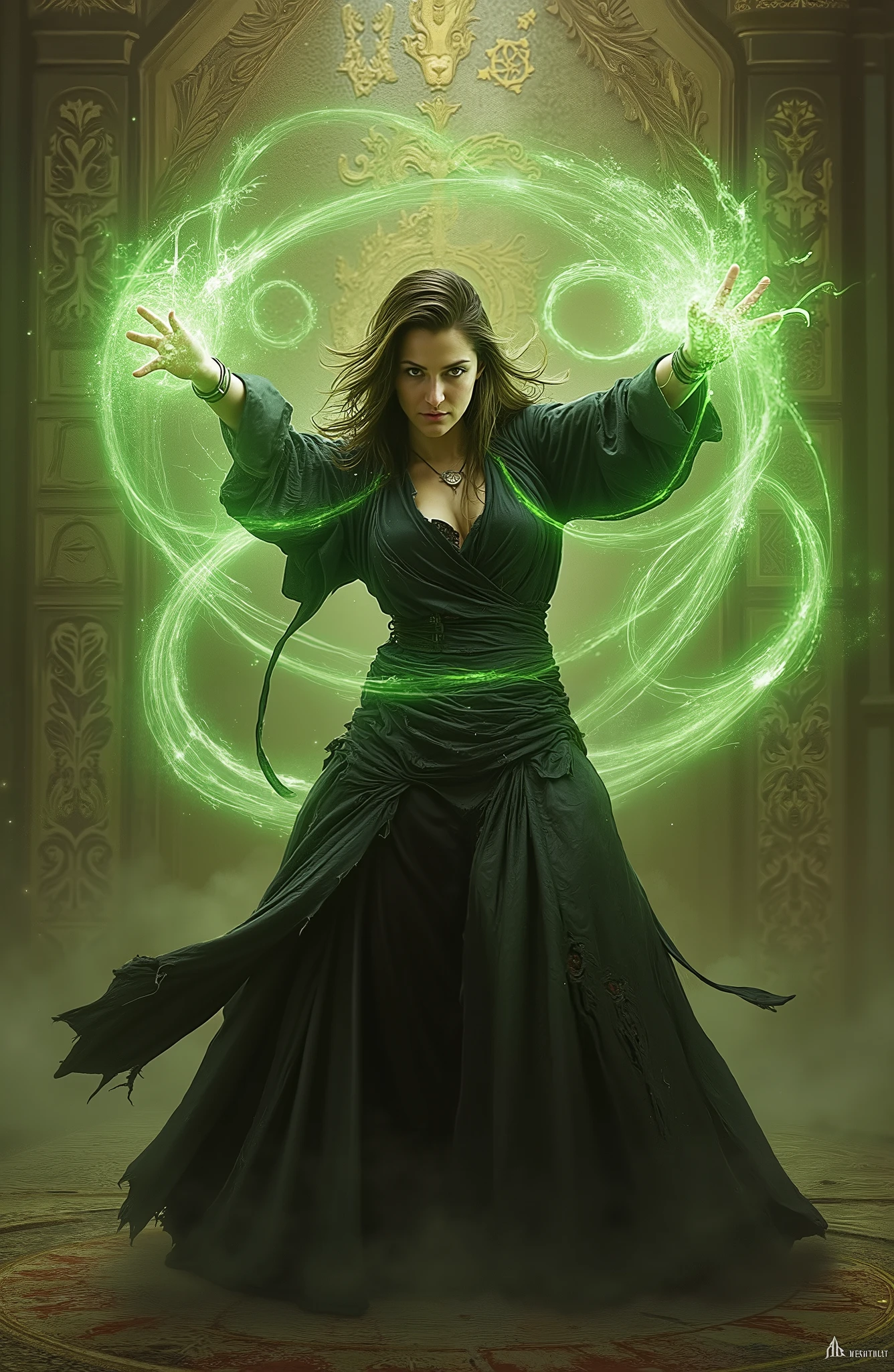 A female mage clad in torn black robe, attacking pose, green poisonous aura surrounding hands, yellow illuminating ancient rune floating around, ornate design, magical mysterious appearance
