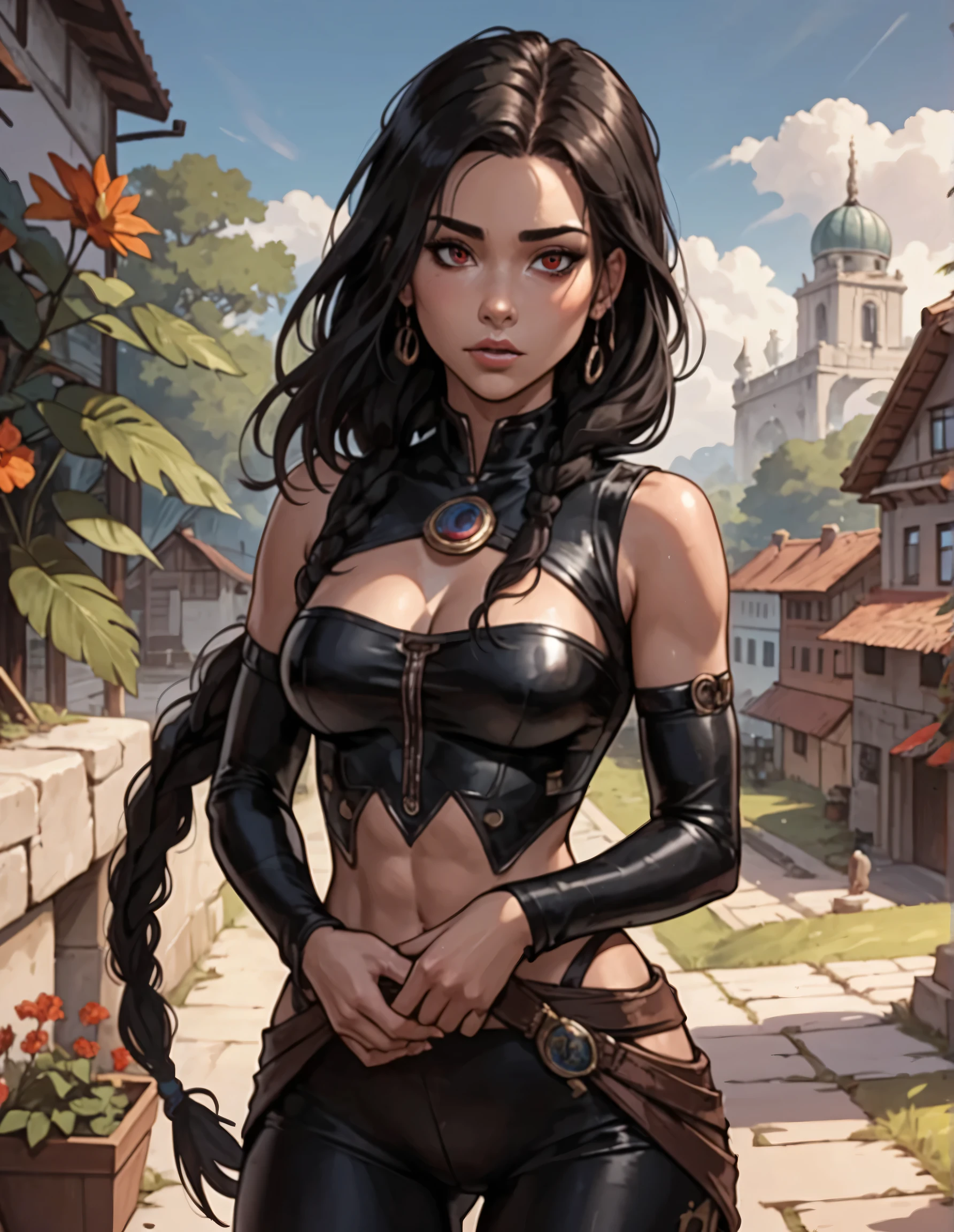 (((Single character image.))) (((1girl))) (((Dressed in medieval fantasy attire.))) (((Solo))) (((Generate a darkly sexy female character for a fantasy setting.))) (((Appears to be 20 years old with youthful looks.)))Generate a female character in a fantasy tropical setting.  She dresses in swashbuckler fashion, looks dangerous and sexy and seems like an ideal fantasy character.  best quality:1.0,hyperealistic:1.0,photorealistic:1.0,madly detailed CG unity 8k wallpaper:1.0,masterpiece:1.3,madly detailed photo:1.2, hyper-realistic lifelike texture:1.4, picture-perfect:1.0,8k, HQ,best quality:1.0, 