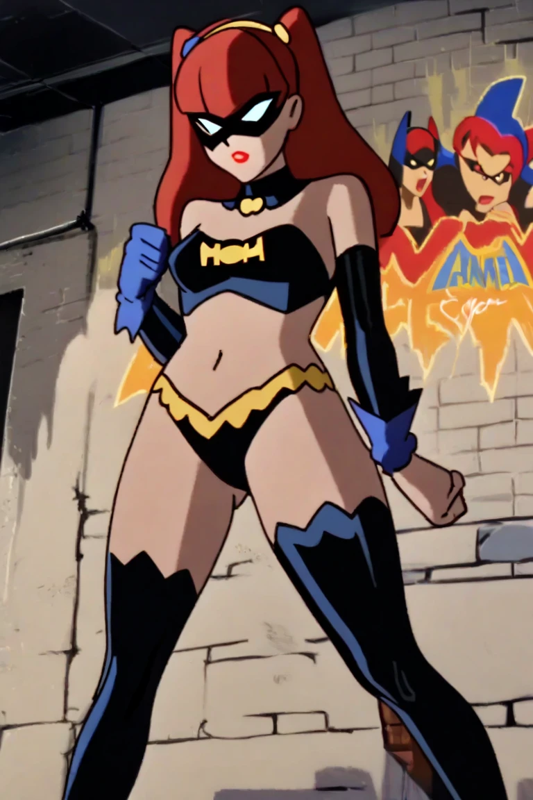 Harley Quinn y Batgirl,posing sexy ,a wall with Batman graffiti. In the background,light at 5 in the afternoon ,Season of the year summer