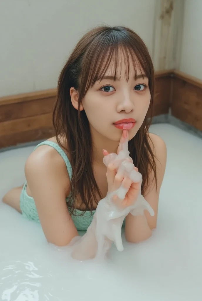 (masterpiece:1.2), Very detailed, Ultra-high resolution, (Realistic, photo Realistic:1.6), High-resolution RAW color photos, Professional photos, Dramatic lighting, Sensual movie scenes、Sharp focus:1.2, (Very detailed顔と肌の質感, Very beautiful eyes, Glossのある肌, Glowing Skin, Glowing Skin, Shining Face, Gloss, Oily skin, greasy face, Oily skin, greasy face,), Perfect ???????, Very detailed背景, 1 female, 25-year-old woman, Japanese women,,Young and sexy gravure idol,Height: 168cm, (Short Bob Hair, Straight hair, bangs:1.3, Brown Hair), (Lean:Weight 1.0), (Flat Chest:1.7),(Slender legs:1.4),(dim:1.4),(((Massage Esthetics))),((Dark navy strapless one-piece swimsuit、Japanese School Swimsuit)), Wet swimsuit,(((Erect nipples))),((((Lying down))),((((Lying on your back))),(real Glossのある肌 texture), ((Small Ass, Beautiful legs)),((((Browsing Caution)))),Earrings,((((Spread your legs)))),((Leaking a large amount of clear liquid from the crotch))、((((Browsing Caution)))),((((Open your mouth、close your eyes))))