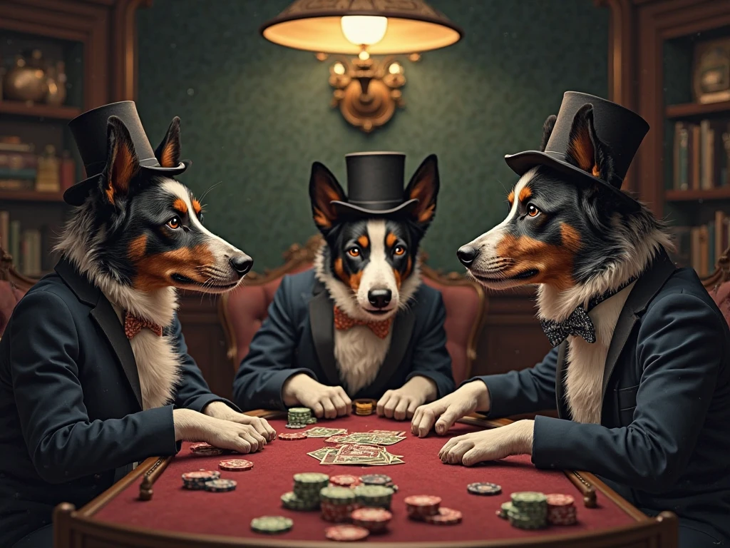 (photorealism:1.2), una sexy curly brown hair woman in white lace lingerie with black stocks jugando strip poker con un grupo de perros