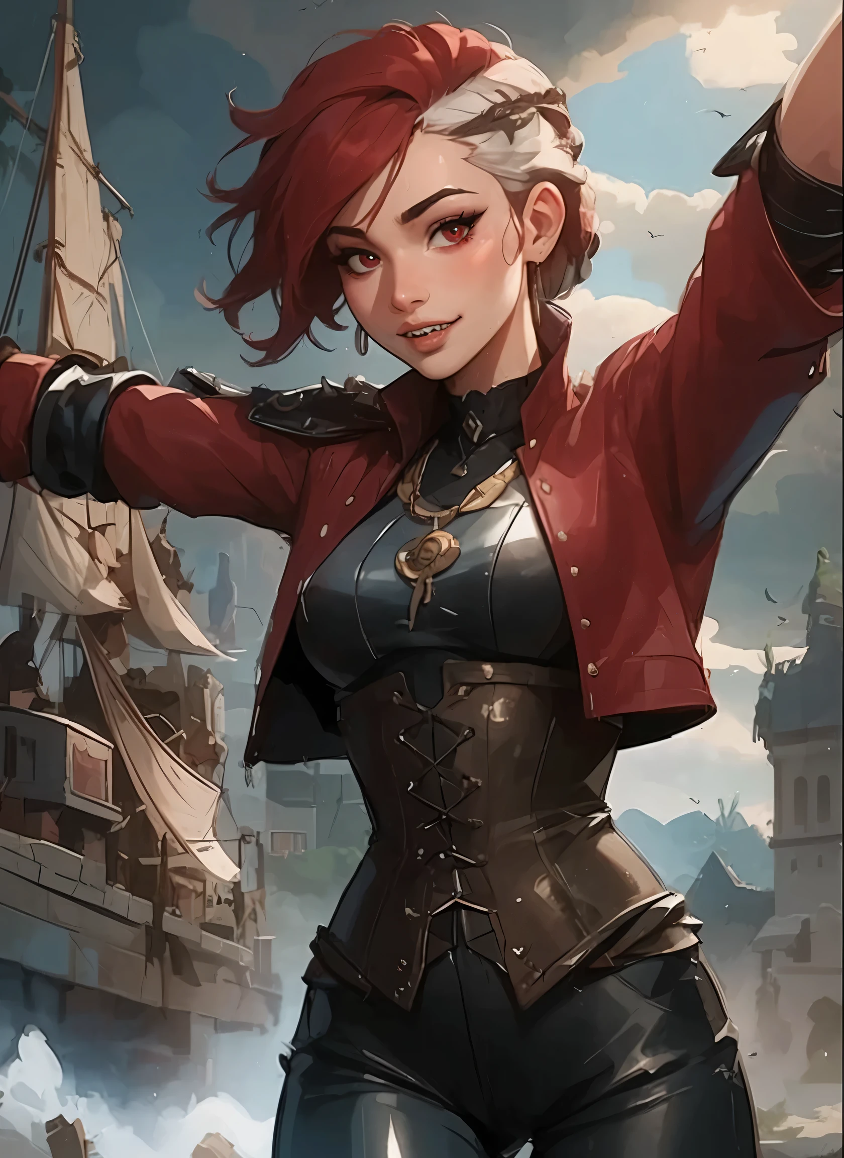 masterpiece, HD , great quality, very aesthetic, absurd, high contrast , high color palette , light glare ,Latest ,2.5D,Volummetric lighting, Sweet, jung, 1 girl, aztekisch, small breasts, red eyes,athletic body, aztekisch, white hair strands, look at the viewer, medieval leather clothing, Dreadlocks, shy, Anime shark teeth, background: jungle and Aztec ruins