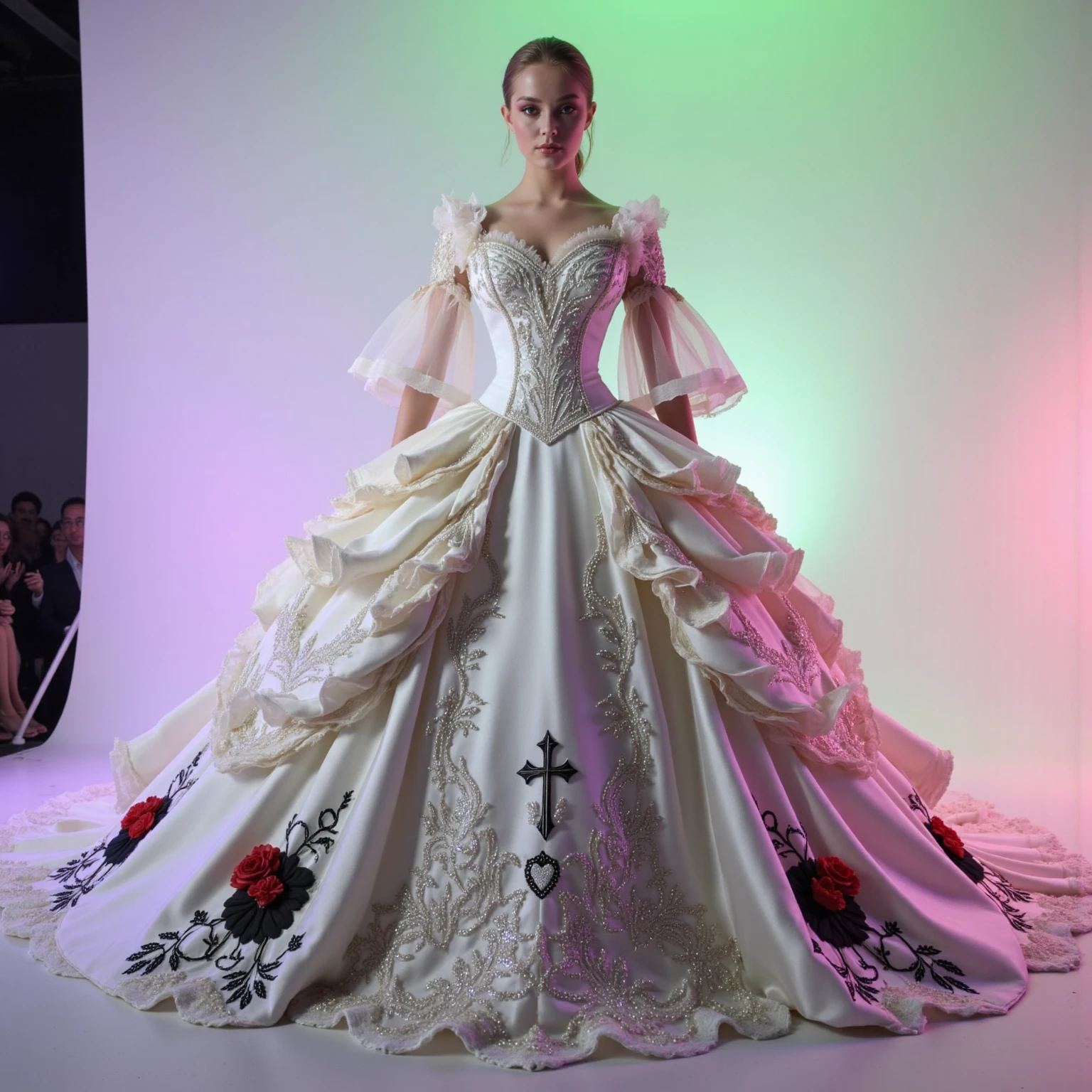 A white silk and satin mermaid style full-length gown with a fitted bodice and a super oversized extra long flared skirt that has giant raised up ruffles at the bottom. This ridiculously tall and oversized gown requires super high platform shoes that will make the wearer 18 to 24 inches taller than usual. This is the kind of gown only a supermodel, the crazy wealthy, or a crazy celebrity would ever attempt to wear. Very experimental fashion, this gown has sheer sleeves adorned with red and black floral appliqués, sweetheart-shaped neckline lace, and white sequence that adorns the top. Lightweight foam rubber and metal wires are the only things underneath the very oversized, very long, white silk and satin skirt, that can lift it and hold it up, so that the wearer can walk and move at all in this unconventional, yet elegant ensemble.The bottom of the extra long skirt opens so that the fabric creates a large circular shape on the floor that is several feet in circumference larger than usual with a gown of this style. The extra long skirt has puffed up outter material that hangs down in several layered bunches from mid thigh down to the floor in three or four rows or stacked up columns. The dress is made of pure white satin and silk with some red and black flowers and embroidery patterns of crosses, hearts, and other designs created with black thread. The green and pink spotlights cast color on the dress and on the white background. Very dramatic pose. Skirt end drags on the floor. Direct eye contact between the model and the viewer. Asthetically incredible, icon style. Ultra-realistic,photorealistic,cinematic photography,ultra-detailed.Extra Sparkle,cinematic lighting,cinematic portrait,portrait photography,cinematography,full focus,UHDR,startling, Realism,photorealistic,8K,physically-based rendering, experimental,avant-garde,unique,innovative,striking,captivating,model facing the camera,macro photography, Parted Lips,Makeup,Kubrick Stare,Best Quality,Masterpiece.