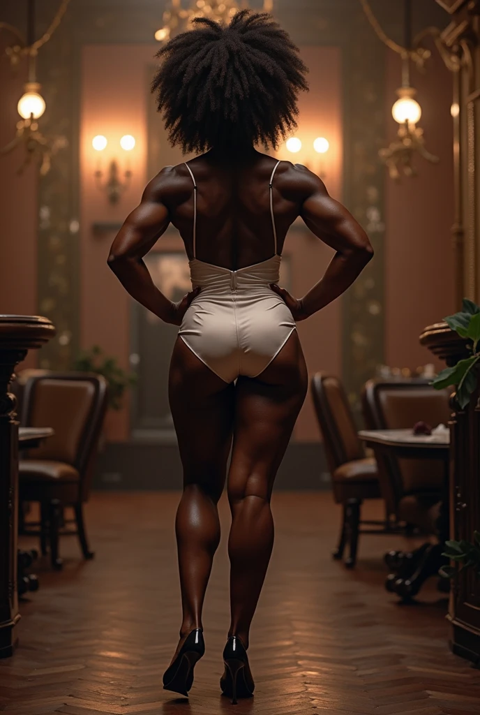 Cartoon girl-black Doberman, beautiful, detailed, realistic,with green pupils,tall, (detailed face), (more details, detailed background: 1.1) in a white lace bra, white lace panties,white stockings, full-length, slender, neat doberman muzzle,high quality,pumped,voluminous breasts, pumped wide hips, abs cubes, slim figure,doberman long tail,sexy pose,perfect tail position, rear view 