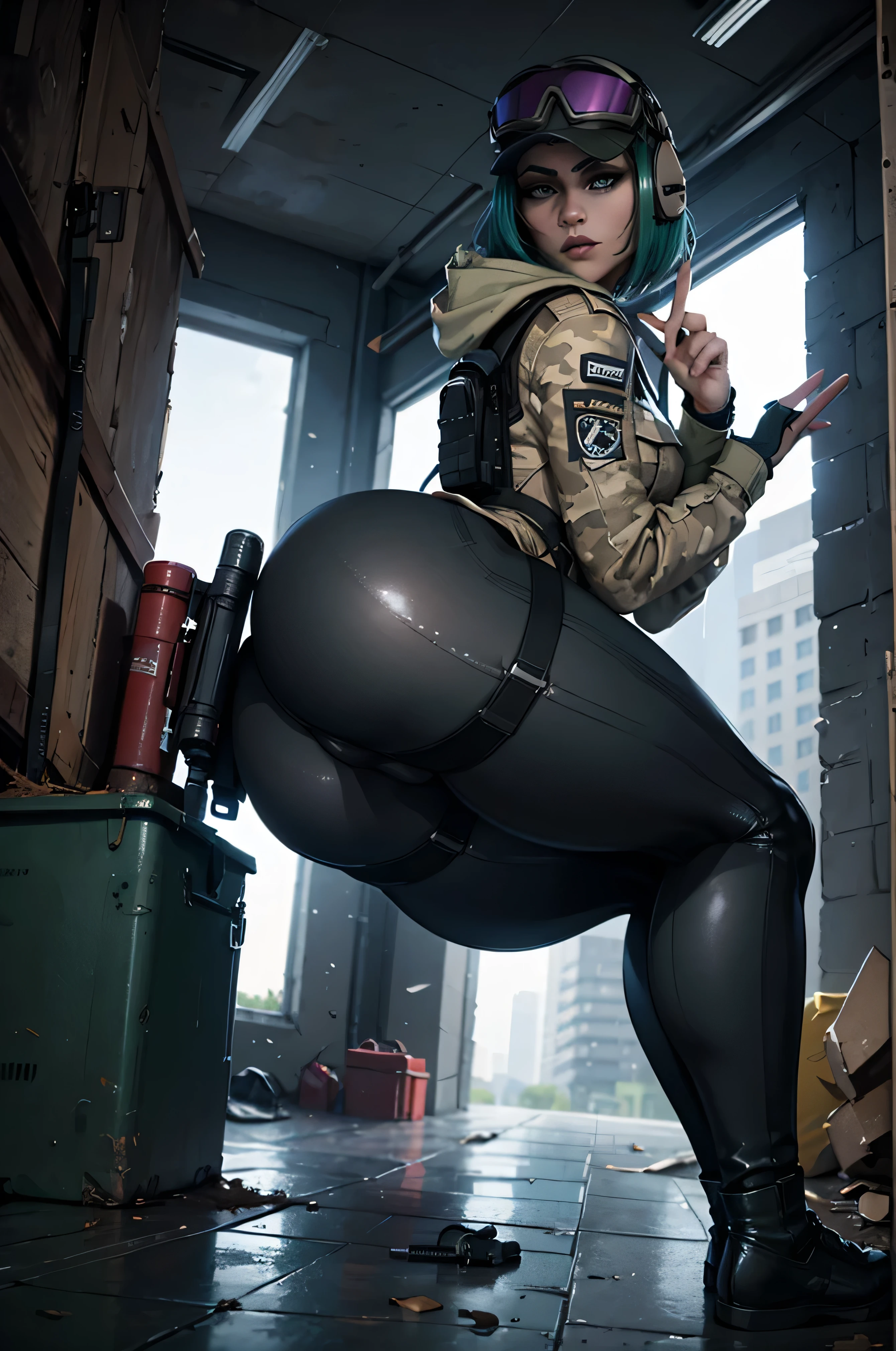 8k portrait of ela (rainbow six siege)
, camouflage, solo, green hair, backpack, boots, hat, goggles, goggles on headwear, pants, looking at viewer, jacket, hood, bag, short hair, headset, blue eyes, camouflage jacket, gloves, holster, hood down, thigh holster, radio antenna, military, headphones, leggings
, ((full body)), piercing eyes, looking at the viewer, dynamic pose, ((thighs)), (big :1.0), looking back, (huge ass:1.4)
, best quality, (photo-realistic:1.2), looking at the viewer, film grain, construction site scene, construction site background, debris, low angle
, dark scene, rim lighting, two tone lighting, dimly lit, low key hdr,
