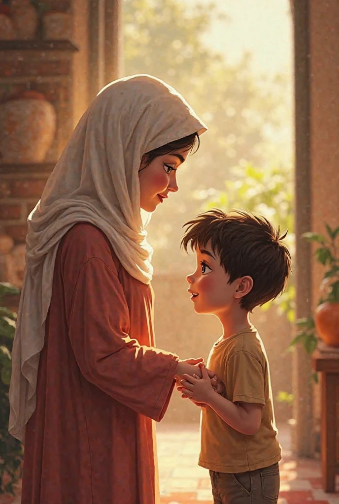 The boy asks his mother a question: The scene shifts to the boy standing next to his mother after she has finished praying. The boy, with an innocent expression, asks, "Mom, you pray every day, so what does Allah give you?" The mother, a kind smile on her face, is sitting on the floor and looking lovingly at her son.