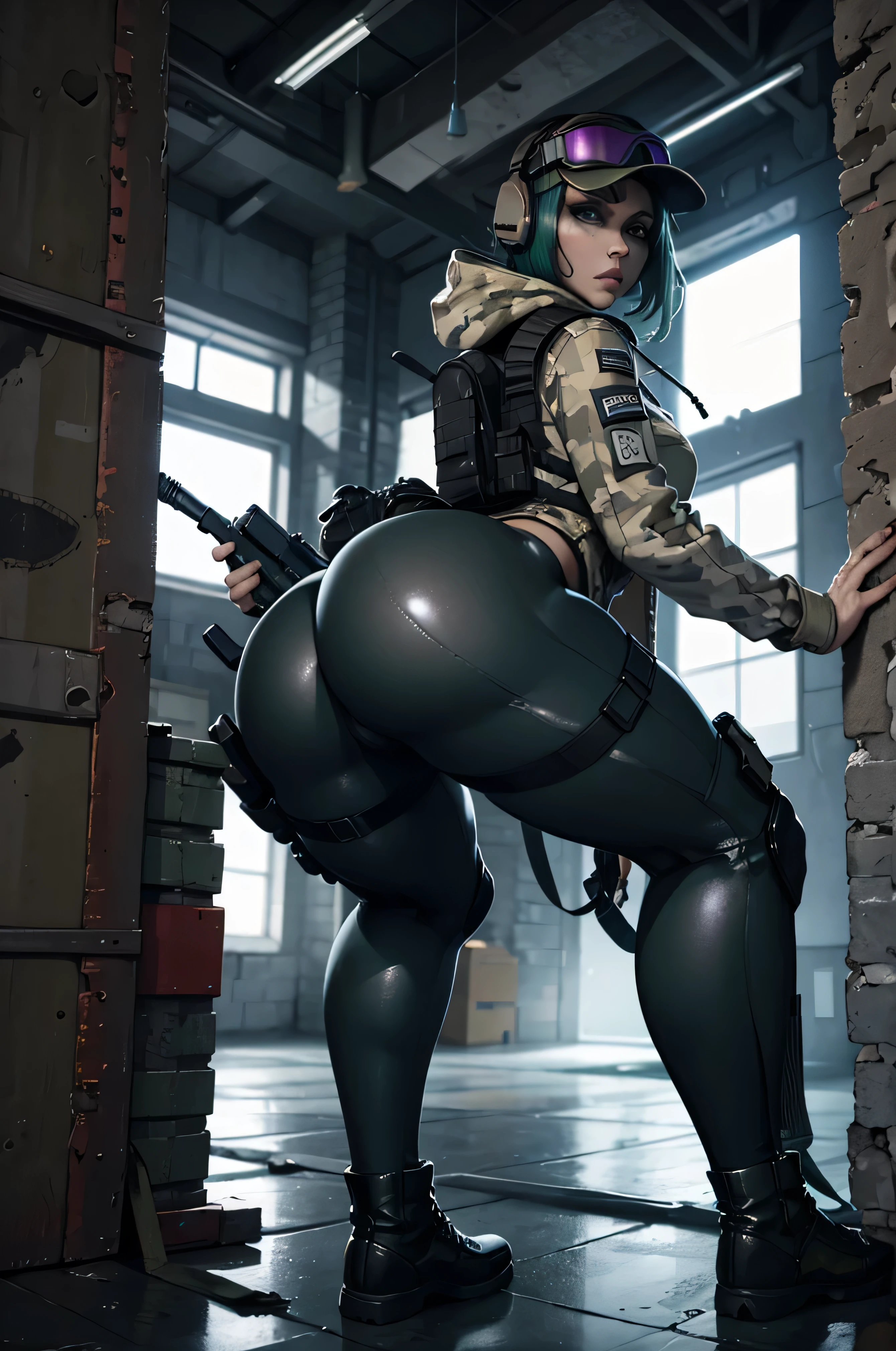 8k portrait of ela (rainbow six siege)
, camouflage, solo, green hair, backpack, boots, hat, goggles, goggles on headwear, pants, looking at viewer, jacket, hood, bag, short hair, headset, blue eyes, camouflage jacket, gloves, holster, hood down, thigh holster, radio antenna, military, headphones, leggings
, ((full body)), piercing eyes, looking at the viewer, dynamic pose, ((thighs)), (big :1.0), looking back, (huge ass:1.4)
, best quality, (photo-realistic:1.2), looking at the viewer, film grain, construction site scene, construction site background, debris, low angle
, dark scene, rim lighting, two tone lighting, dimly lit, low key hdr,