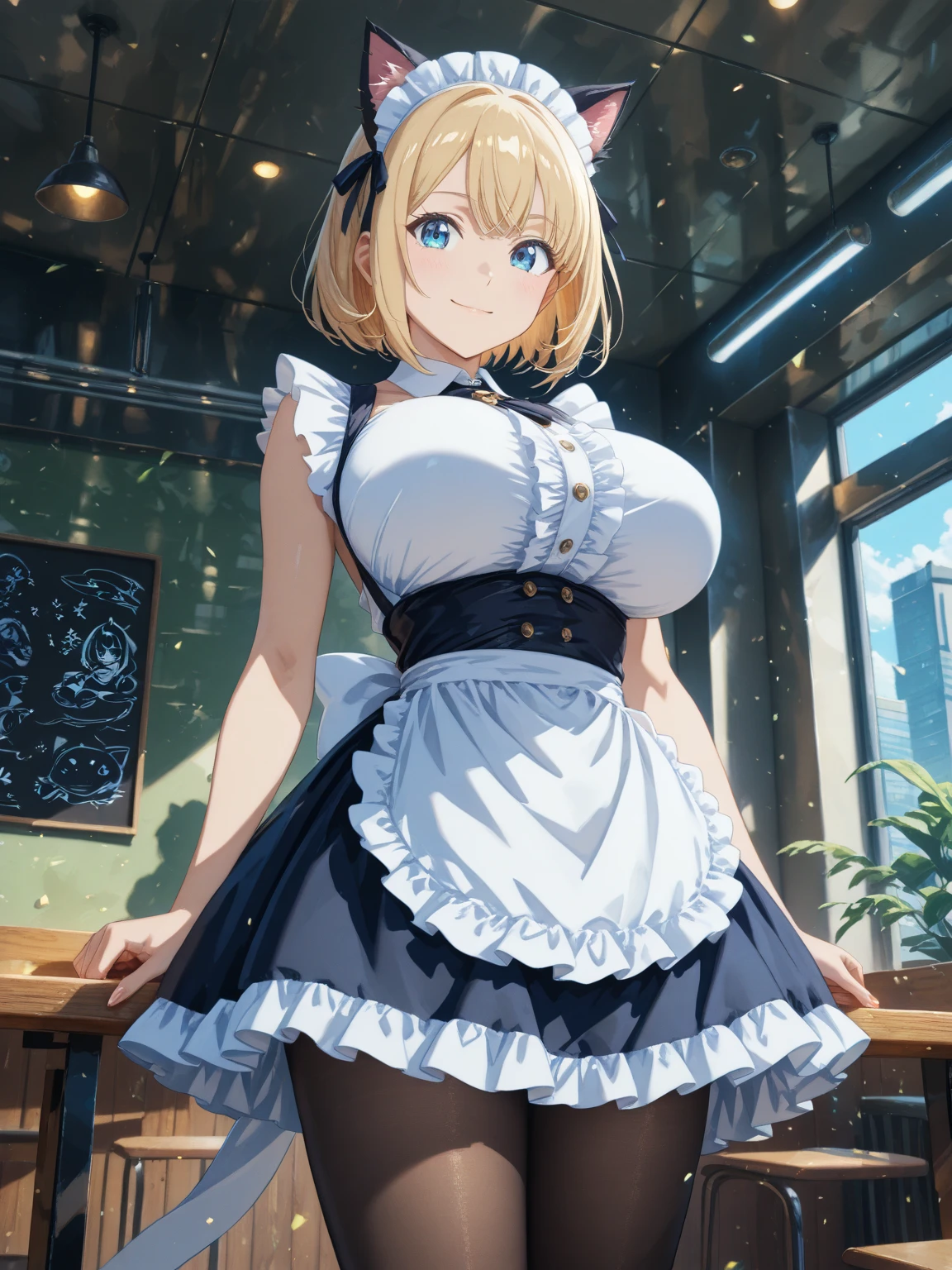 (Masterpiece: 1.2), (Best quality: 1.2), Perfect eyes, Perfect face, Perfect lighting, Mountain horizon, Beautiful girl like a boy, Blonde hair, Upper body, Cleavage, Red eyes, (((((One eye) hair)) )))), braids, side ponytail, blunt bangs, bob hair, ahoge, cute eyes, best bust, ((from bottom)), vivid description, scary, ahegao, smile + happiness , Teeth, Angry, From the Side, Gothic Maid, Sitting, Arms Folded, (Looking Up: 1.3),