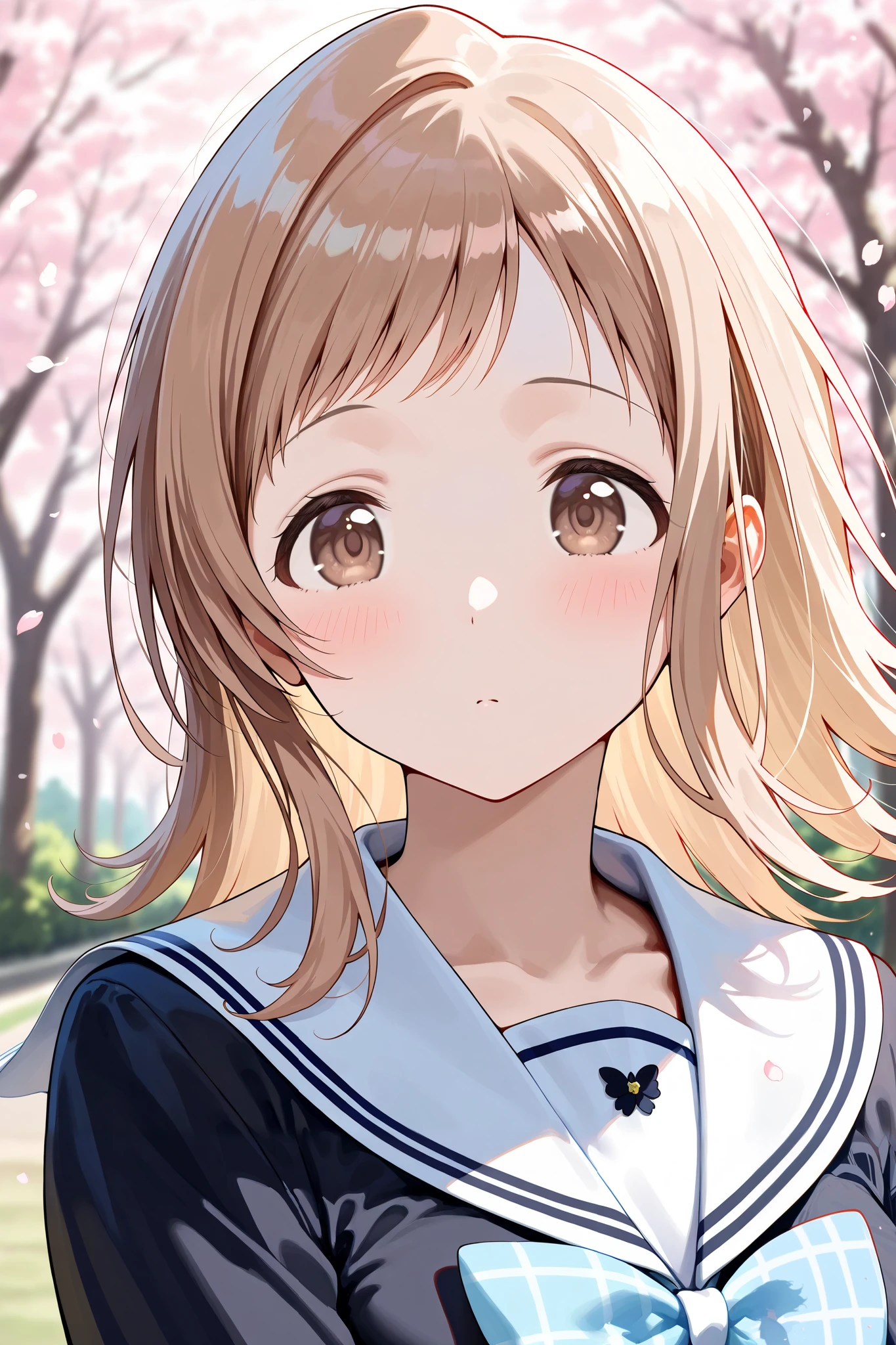 (masterpiece), (Highest quality), (Very detailed),
(The best shape), (Best Shadow), (Absurd),
(Detailed Background), (So beautiful), Shiny,
Beautiful eyes in every detail, Extraordinary, Countershading, 8k, 32K, High resolution,
Very Detailed CG ,
Score_9, Score_8_up, Score_7_up, Source_anime,
(Pastel painting:1.2), (Watercolor painting:1.2),
(Masterpiece, Detailed:1.2), (Foreshortening:1.2),
Cinematic, Dramatic, (Depth of field:1.4),
(Blurry background:1.4), (Realistic background:1.4), Dynamic angle,
1 girl, Solo,
Outdoors, Nature, Park, Wind,
Spring, Cherry blossoms,
Sakuragi Mano,
the idolm@ster shiny colors,
mano sakuragi,
(Brown hair:1.1), Medium hair, Brown eyes,
(School uniform:1.3),
(Black sailor suit:1.3), Long sleeves sailor suit, (White collar sailor:1.4),
Ribbon, Light blue ribbon, Butterfly ribbon,
(Blush:1.3),
Portrait,
Focus on face, (Close up shot:1.2),
Realistic skin,
Shiny skin,