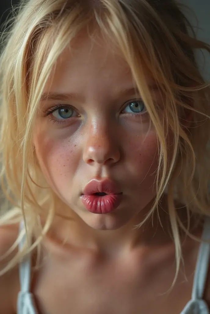 Young blonde girl with freckles, sticking out her tongue, wearing a skirt and her bikini showing underneath. Her eyes look at the camera and she bites her lips
