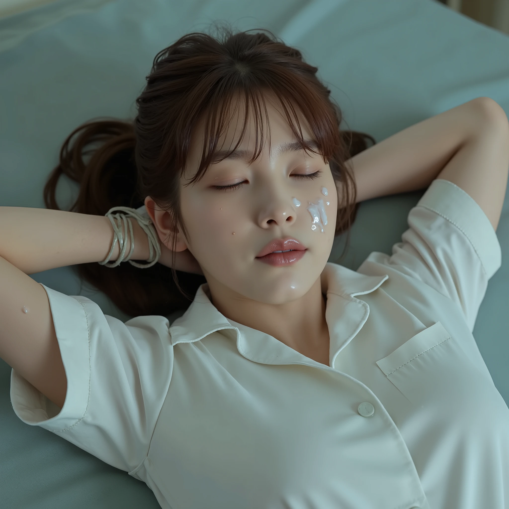 HD, 4k photo, super detailed, close up, A Young korean idol woman, high school uniforms with white tops and gray bottoms, blank gray tie, open yoyo mouth, sleeping, close your eyes, wet shot