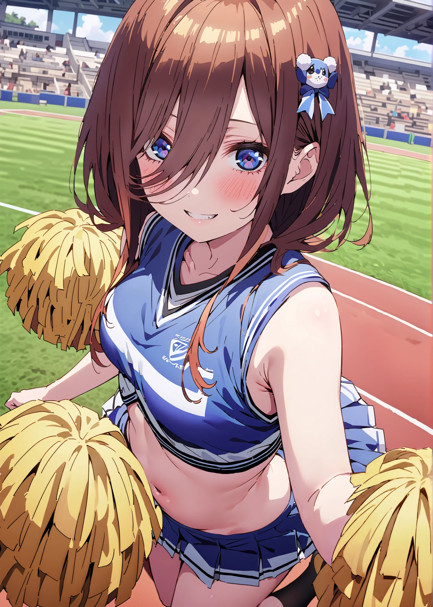score_9, score_8_up, score_7_up, source_anime, Miku Nakano, Nakano Future,Alone ,long hair, bungs, blue eyes, brown hair,Between the eyebrows,smile,blush,open their mouths, (CHEERLEADING), (full body), on chest, (semen), semen Wet Clothes, (blue clothes),sleeveless, pleated skirt on indoor floor,black socks,sneakers,belly button sticking, playground, (jump), (jump), 足を曲げてjumpする, , blue sky, Compa, smile,cheerleader with radiant skin, Pom-pom \(CHEERLEADING\) real hair ornaments,audience,full bodyがイラストに入るように,break outdoors, Stadium,
break looking at viewer,
break (masterpiece:1.2),top quality , kampala, Unity 8K Wallpaper ,(shape:0.8),( fine, beautiful eyes :1.6),It's a person ,full body写真,CG Details , (perfect hands with full nudity,complete anatomy),