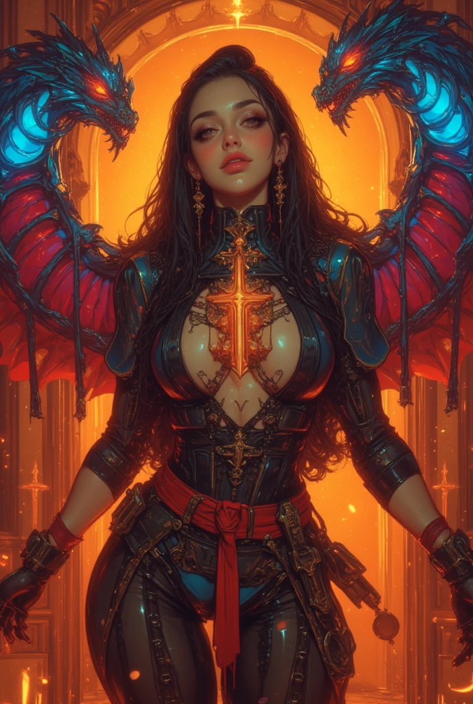 Rihanna : The evil nun, Demon horn, Demon wings on the head , sexy robe de nonne, Powerful bolts of destructive red energy shoot out of his hands, His powerful magic hits the buildings of a destroyed city , Satanic, detailled eyes, detailed hands