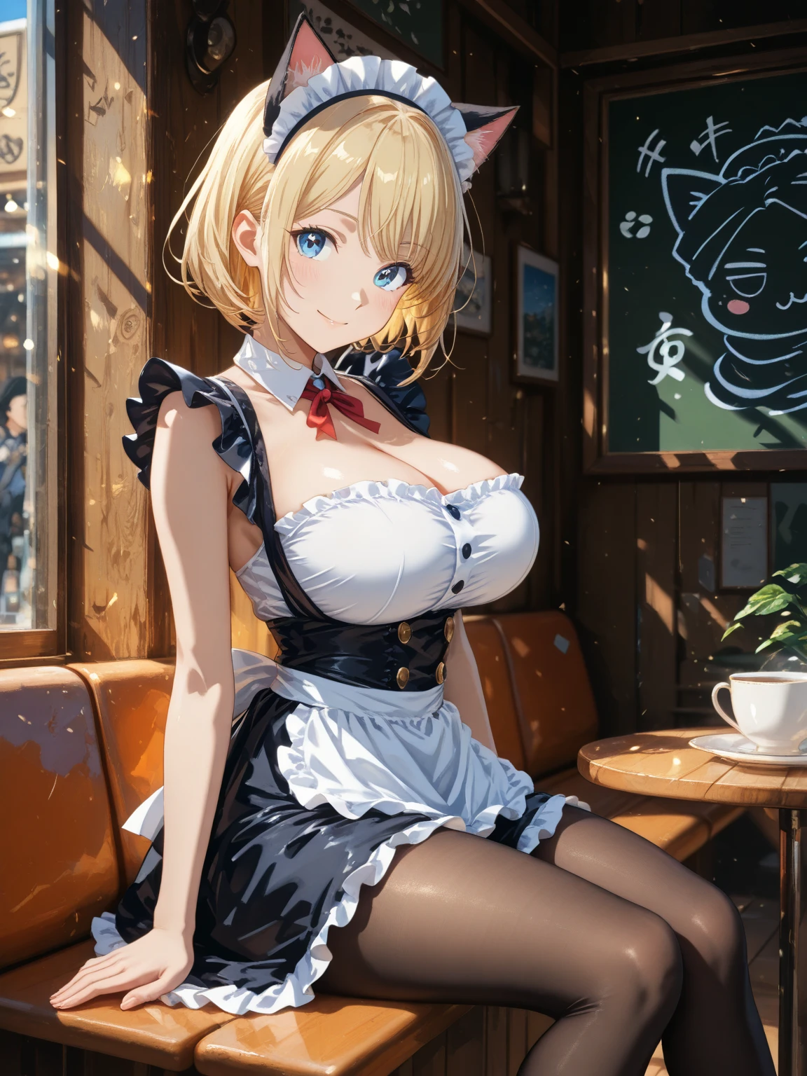 (1 woman:1.5,solo:1.5),
30 years old,
(very young woman:1.2),
(fit body:1.3),
(slender waist),
(slender leg),
perfect fingers,
nice hands,
perfect hands,
femenine hands,
good hands,
blurry background,
depth of field,
beautifully shaped nose,
break,
(maid:1.4),
break,
(choker)
see-through,
break,
open shoulder maid uniform,
high waist mini skirt,
(zettai ryouiki,stockings tights,garter belt),
break,
(dynamic angle)++,
break,
close-up, leaning forward, (arms behind back:1.3),
break,
chestnut mouth,
break,
(beautiful detailed eyes:1.4),
(green eyes:1.4),
model,
break,
extremely detailed hair,
(ponytail:1.5),
(long hair:1.3),
(straight hair:1.3),
shiny hair,
(blonde hair with light brown tips hair:1.3),
(blunt bangs),
(blonde cat ears:1.4),
(blonde cat tail:1.4),
break,
(MEDIUM HUGE BREAST:1.1),
(GIGANTIC HUGE HIP:0.6),
saggy breasts:1.2,
pendulous breasts,
realistic breast physics,
(hanging breasts),
break,
(pale skin:1.1),
(gleaming skin:1.3),
(sweat:1.1),
weat:1.3,
oily skin,
shamefull,
(blush,smile:0.8),
break,
(masterpiece),
(best quality),
(very high resolution),
(professional anime),
beautiful lighting,
super fine illustration,
insanely detailed,
beautiful detailed,
beautiful detailed face & eyes,
beautiful detailed body,
beautiful detailed skin,
8K,
beautiful girl,
pretty girl,
(depth of field:1.3),
break,
indoors,(dinning room:1.4),sunlight,