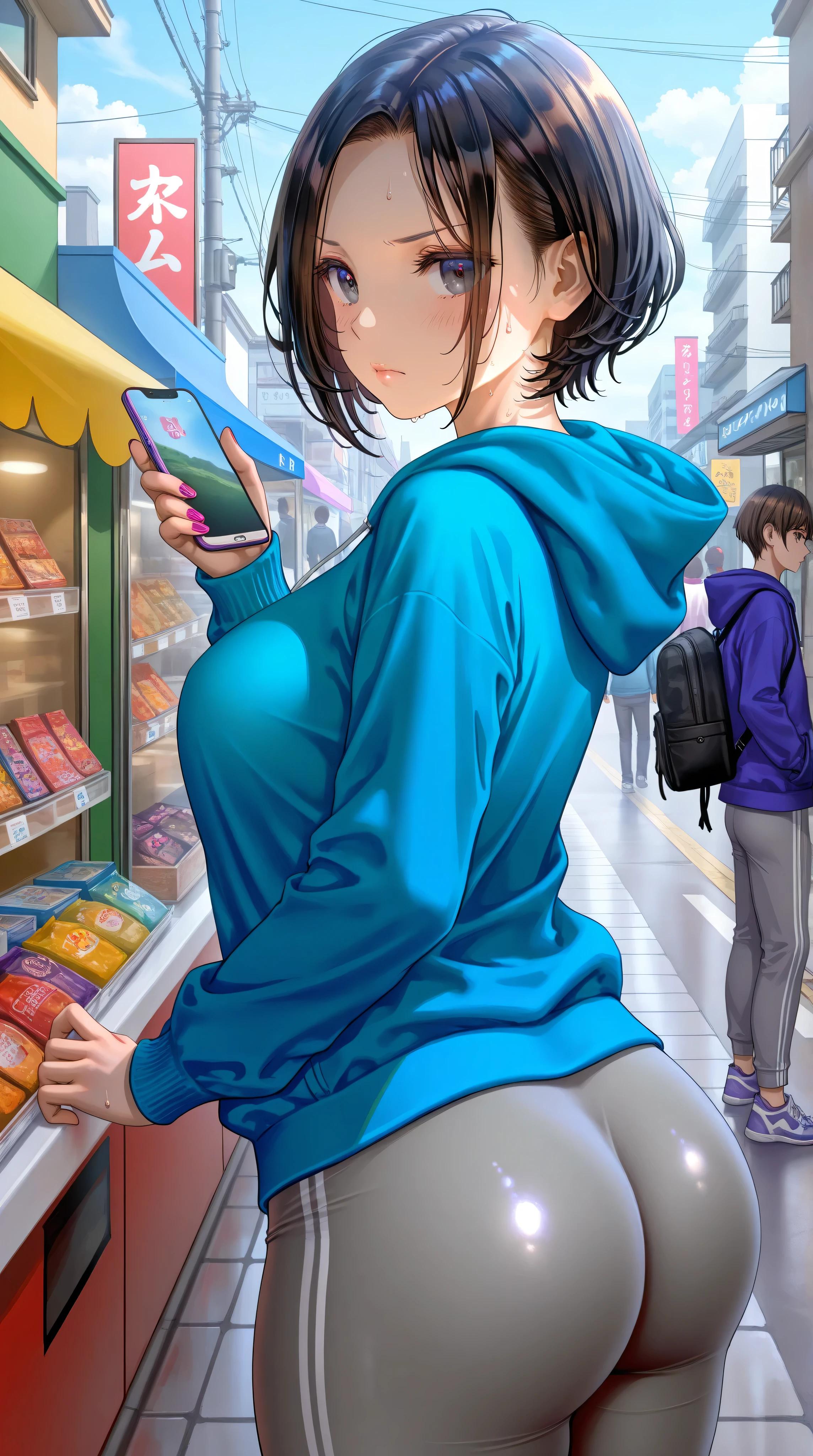 (from side),upper body,1girl,serious,blush,mature female,physical education teacher,23,black hair,short hair,parted bangs,black eyes,round face,blue hoodie,grey yoga long pants,sneakers,holding phone,huge ass,wide hips,thick thighs,thick lip,outdoors,shop,street,looking view,large breasts,standing,looking at viewer,nail polish,masterpiece,best quality,newest,highres,absurdres,very awa,shiny skin,chiaroscuro,(sweat),kazuharu kina,(torino aqua:0.8),(fuzichoco:0.9),morikura en,(free style \(yohan1754\):0.9),as109,(wlop:0.8),realistic,crowds,