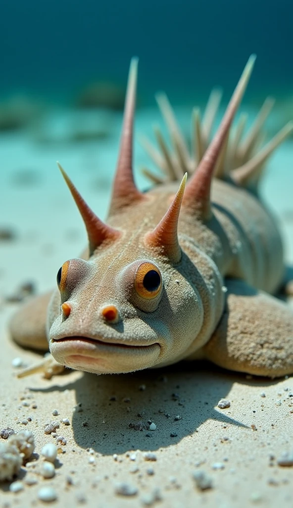 “Stonefish lying motionless on the seabed with venomous spines exposed” – A close-up of a stonefish resting on the sandy ocean floor, its sharp, venomous spines clearly visible on its back, ready to strike if disturbed. The fish’s rough, stone-like skin adds to its perfect disguise.