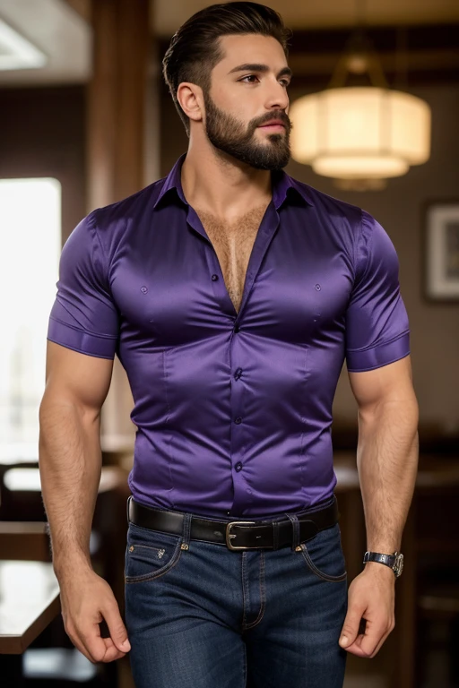 (absurdres, highres, ultra detailed, Ultra HD), ((tall handsome muscular man, solo, male model modern clothing, Full length portrait: 1.5, wearing colourful silk shirt and pants)), beautiful, gorgeous, wet, mature, perfect eyes, sexy gaze, (looking at the viewers romantically), perfect body, smooth skin, a hot glow in his skin, wide chest, largest breasts, extremely large pectorals, big nipples, breathtaking grandeur, model pose, colorful, artistic, focus on his calm facial features, elegant look, sexy posture, full body view,