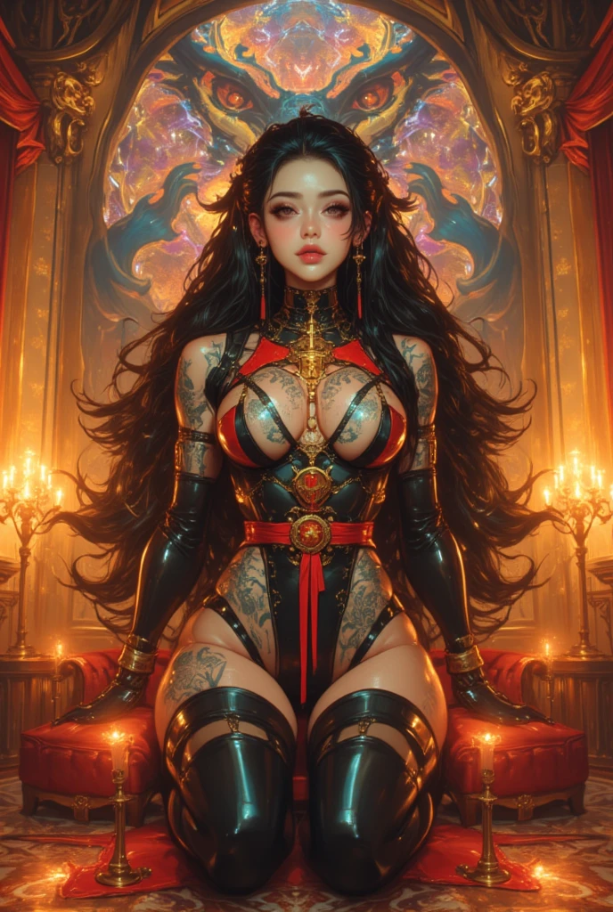 (masterpiece, top quality, best quality, official art, beautiful and aesthetic:1.2), (1girl:1.3), extreme detailed,(fractal art:1.3),colorful, highest detailed, large breast (very dark skin), (golden lips, black eyes), (light painting :1.3), (auto-destructive art :1.3)