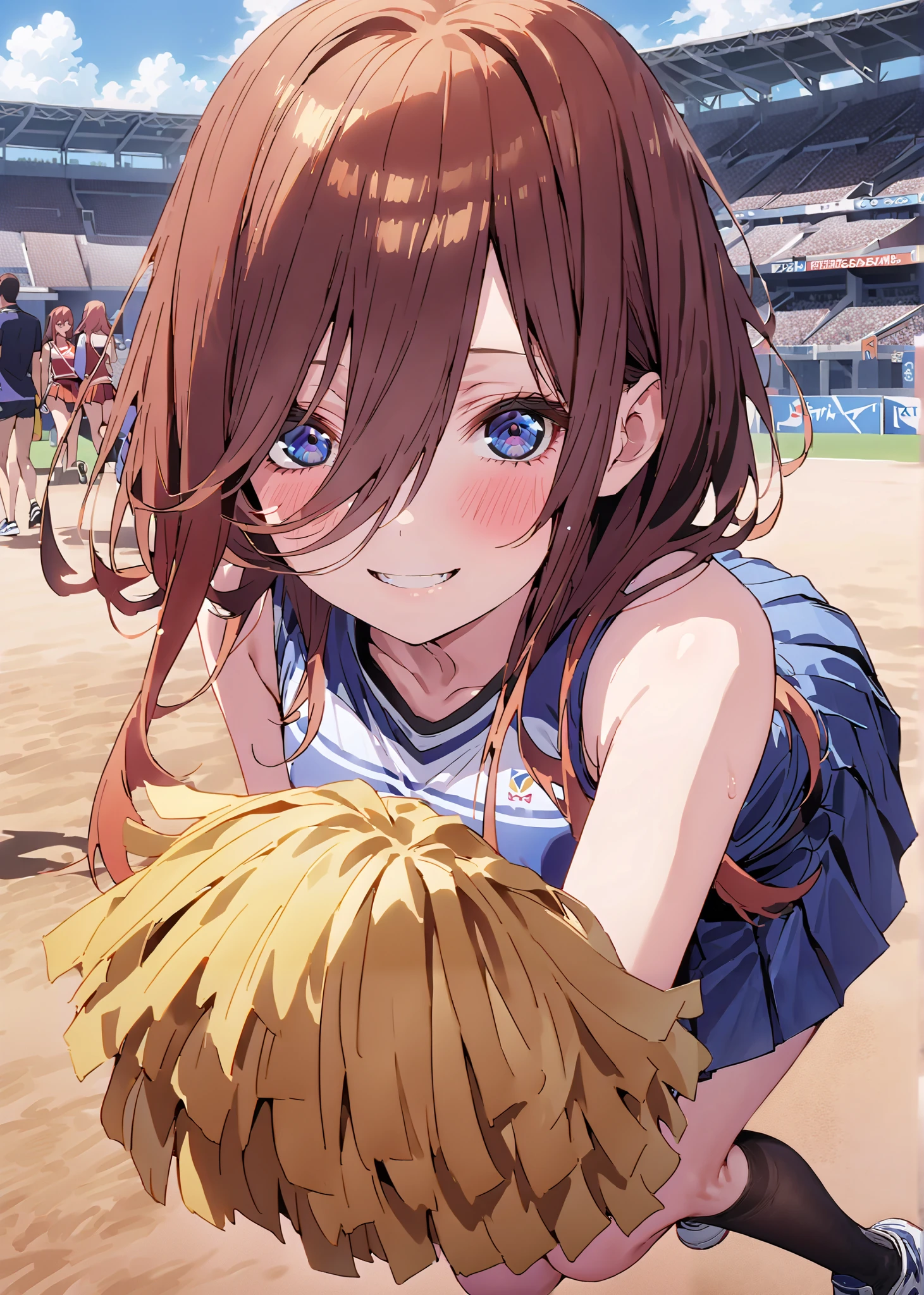 Miku Nakano, Nakano Future,Alone ,long hair, bungs, blue eyes, brown hair,Between the eyebrows,smile,blush,open their mouths, (CHEERLEADING), (full body), on chest, (semen), semen Wet Clothes, (blue clothes),sleeveless, pleated skirt on indoor floor,black socks,sneakers,belly button sticking, playground, (jump), (jump), 足を曲げてjumpする, , blue sky, Compa, smile,cheerleader with radiant skin, Pom-pom \(CHEERLEADING\) real hair ornaments,audience,full bodyがイラストに入るように,break outdoors, Stadium,
break looking at viewer,
break (masterpiece:1.2),top quality , kampala, Unity 8K Wallpaper ,(shape:0.8),( fine, beautiful eyes :1.6),It's a person ,full body写真,CG Details , (perfect hands with full nudity,complete anatomy),