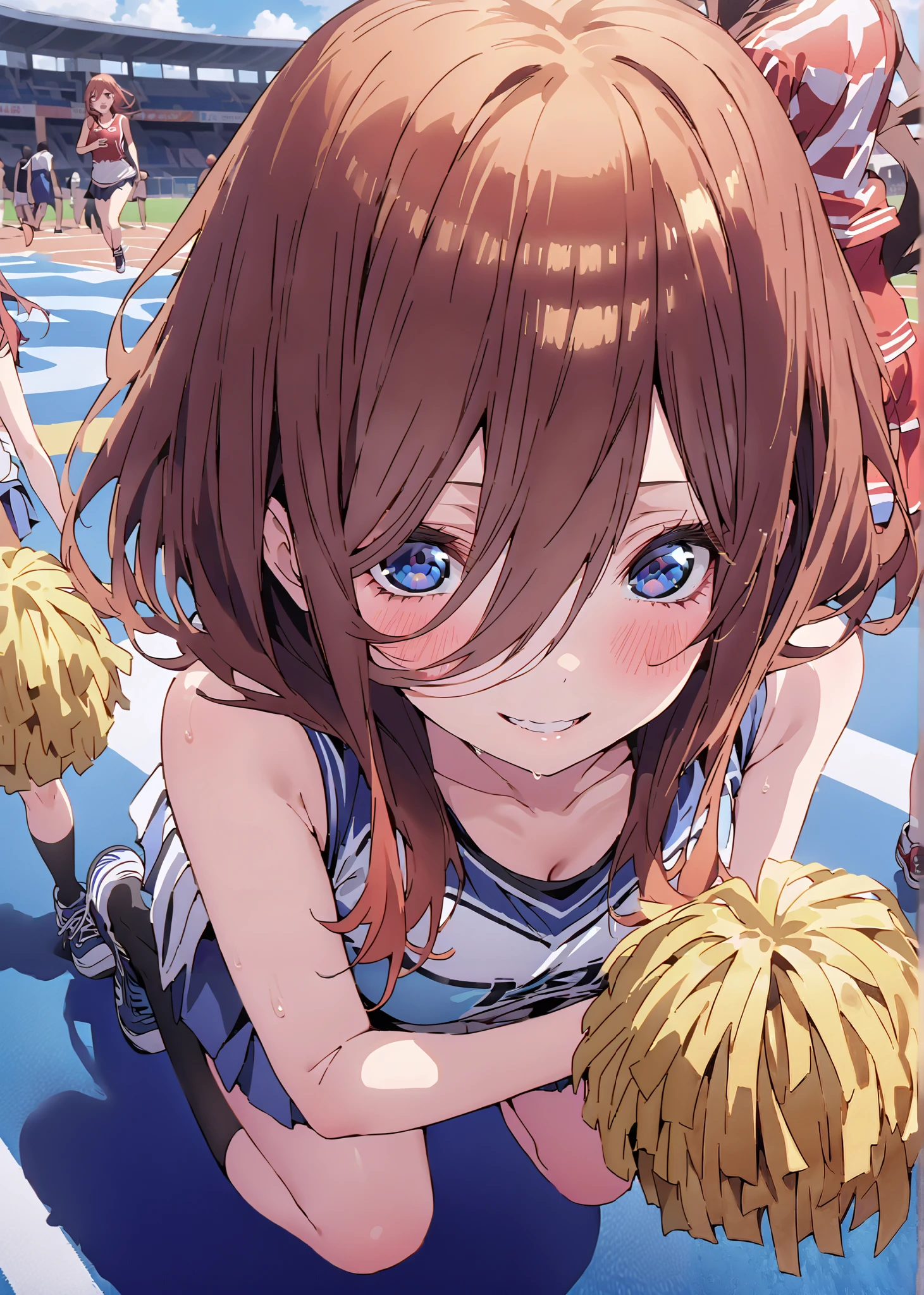 Miku Nakano, Nakano Future,Alone ,long hair, bungs, blue eyes, brown hair,Between the eyebrows,smile,blush,open their mouths,  (CHEERLEADING), (full body),  on chest, (semen), semen Wet Clothes, (blue clothes),sleeveless, pleated skirt on indoor floor,black socks,sneakers,belly button sticking, playground, (jump), (jump), 足を曲げてjumpする, , blue sky,  Compa, smile,cheerleader with radiant skin, Pom-pom \(CHEERLEADING\) real hair ornaments,audience,full bodyがイラストに入るように,break outdoors, Stadium,
break looking at viewer,
break (masterpiece:1.2),top quality , kampala, Unity 8K Wallpaper ,(shape:0.8),(  fine, beautiful eyes  :1.6),It's a person ,full body写真,CG Details , (perfect hands with full nudity,complete anatomy),