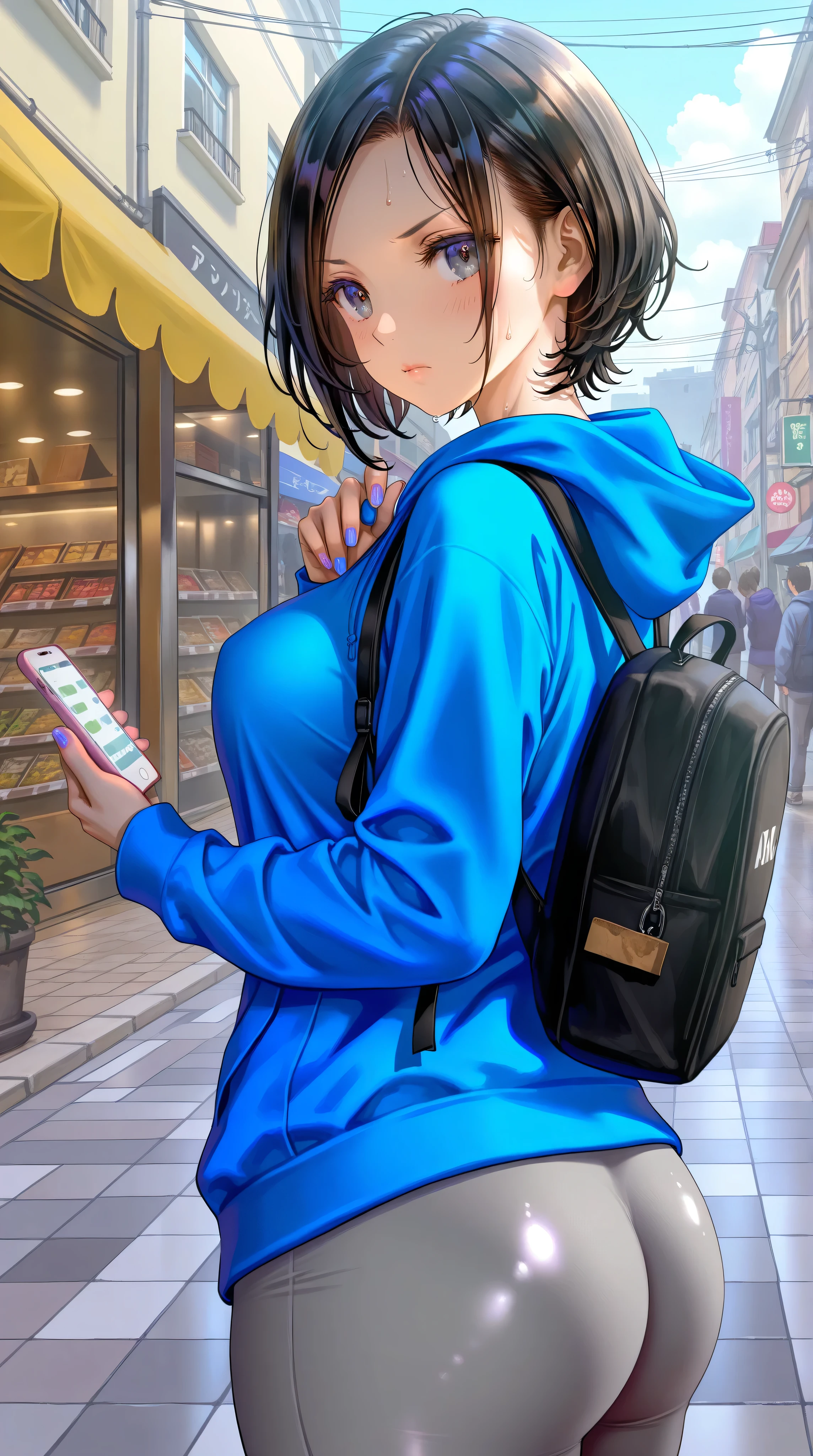(from side),upper body,1girl,serious,blush,mature female,physical education teacher,age23,black hair,short hair,parted bangs,black eyes,round face,blue hoodie,grey yoga long pants,sneakers,holding phone,huge ass,wide hips,thick thighs,thick lip,outdoors,shop,street,looking view,large breasts,standing,looking at viewer,nail polish,masterpiece,best quality,newest,highres,absurdres,very awa,shiny skin,chiaroscuro,(sweat),kazuharu kina,(torino aqua:0.8),(fuzichoco:0.9),morikura en,(free style \(yohan1754\):0.9),as109,(wlop:0.8),realistic,crowds,