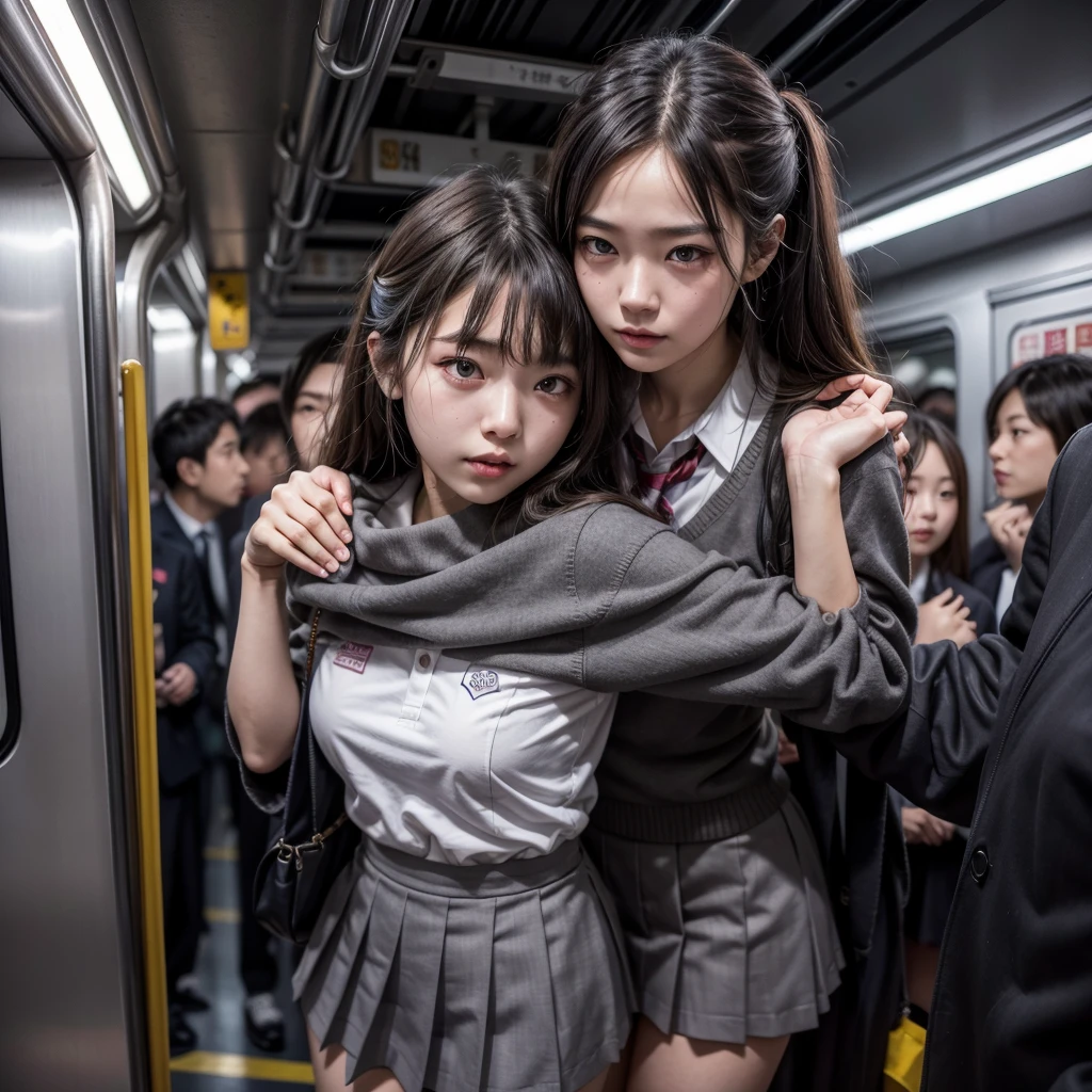 NSFW, crowded train, Japan woman, Japan prostitute, Japan bitch, Japan whore, Japan harlot, Handsome man hugging her from behind, Talking in her ear, lift her up, miniskirt twisted upwards, 40k, photograph, masterpiece, highest quality, dark gray background, ((Japan girls' high school uniform)), An elderly man leans on her from behind、I held you up, Mr.々Hit the pose. 々, 々.