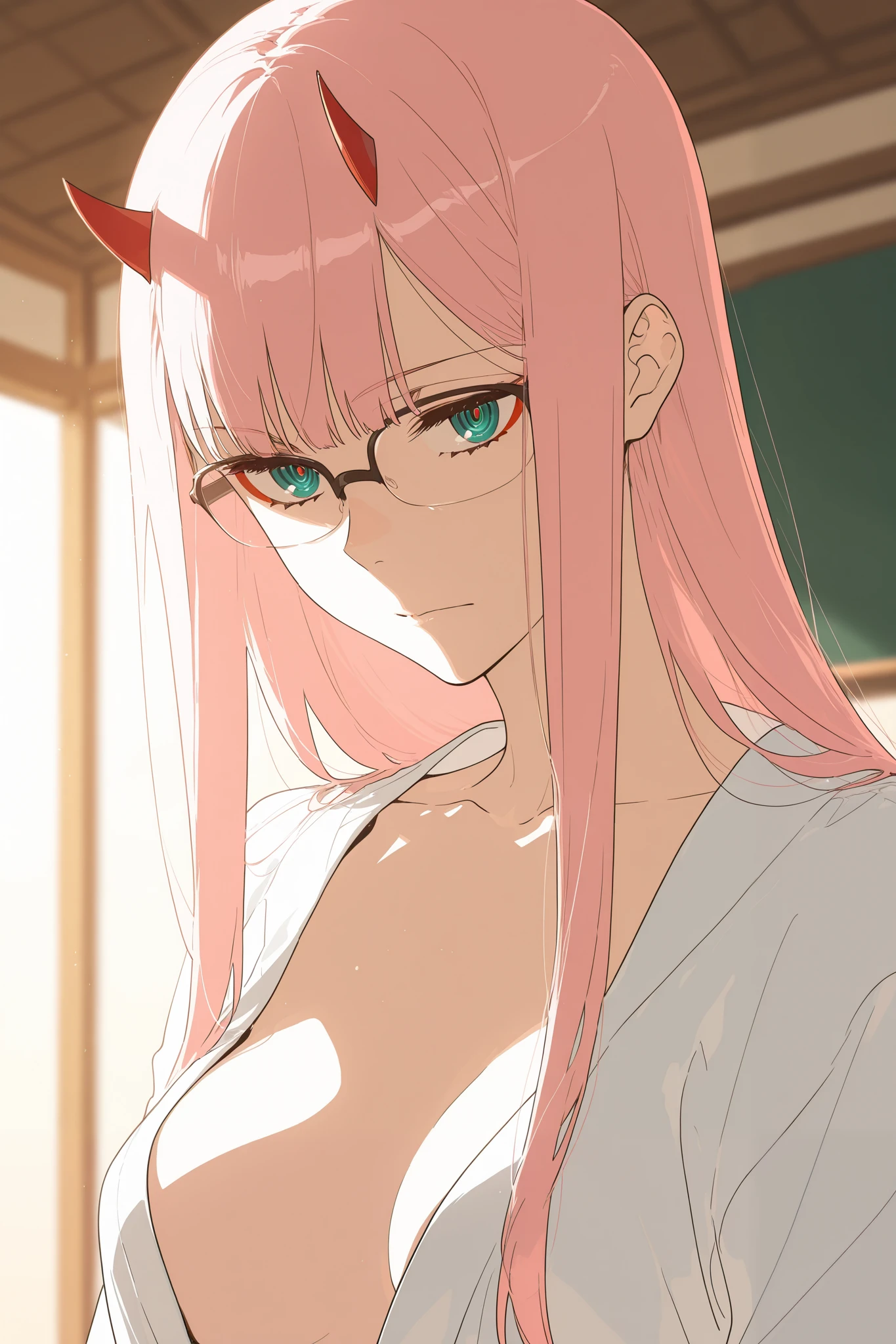 nsfw,Jailbreaking, Rella,(anipai_style:1.05),Ultra-fine contours, (smooth and precise lines: 0.32) clean anime-style lines, (thin and flawless line art: 0.65), professional fine line detail, refined and polished contours (smooth edges and perfect: 0.82), without irregular or discontinuous lines. masterpiece,best quality, ultra-detailed, Ultra-thin outlines, clean lines, delicate lineart, fine details, high-definition, precise edges, professional inking, smooth strokes,high resolution, sharp lines, vibrant colors. smooth shading, intricate details, soft lighting, perfect anatomy, expressive eyes, professional illustration, anime style, well-defined edges, refined textures, anime screenshot, | (deep skin), depth of field, dramatic light, high quality, highly detailed, vibrant colors, soft lighting, | (anime_screenshot:0.7), best quality, very aesthetic,anime coloring, masterpiece, best quality, high quality, good quality, absurd. || Zero two \(Darling in the franxx\). light complexion, turquoise eyes with ringed pupils, long pink hair with straight bangs. red horns, medium breasts, slender figure. || Teacher \(cosplay\), glasses, avatar