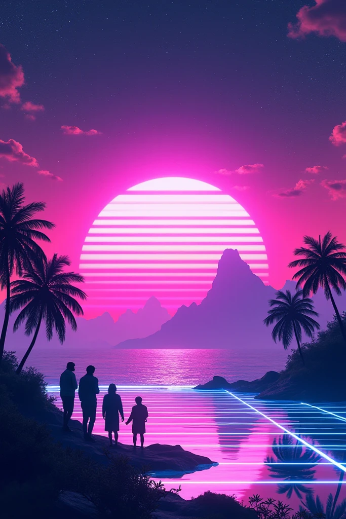 Create a party poster which has palm tree in the whole background with LED lights in rectangular form around it on planet mars and have exciting teenagers in a dark shade dancing and some relaxing on tree branches smoking and others as couples in the mix of dancing people