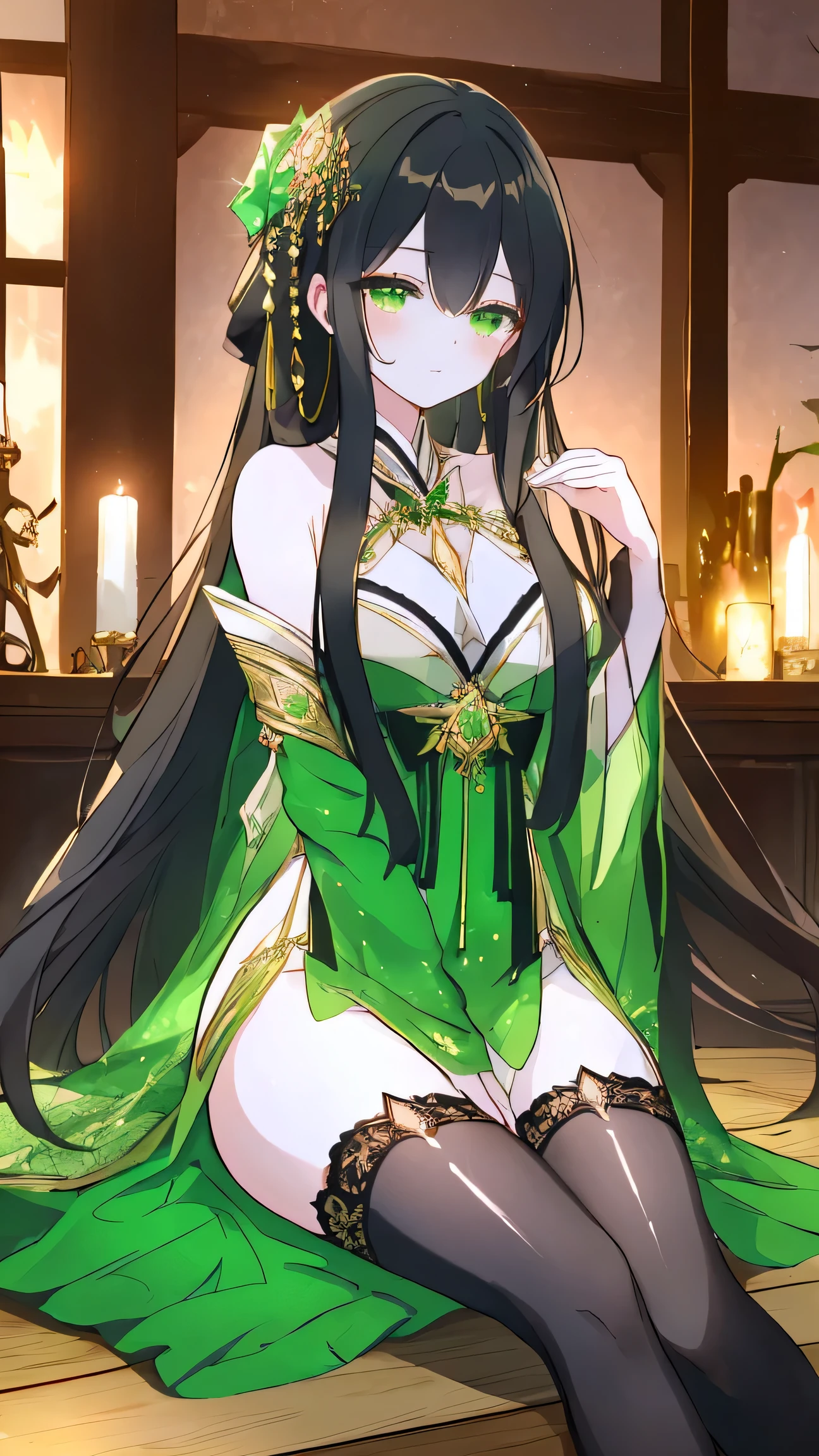 A hyper-realistic portrait of a girl, long silky black hair flowing around her shoulders, Her eyes are large and expressive, of a deep shade of emerald green, conveying intensity and passion, She possesses delicate facial features, with slightly pink lips and a determined look, ultra detailed complex 3D rendering, (nsfw), with her back to the viewer, 18 years