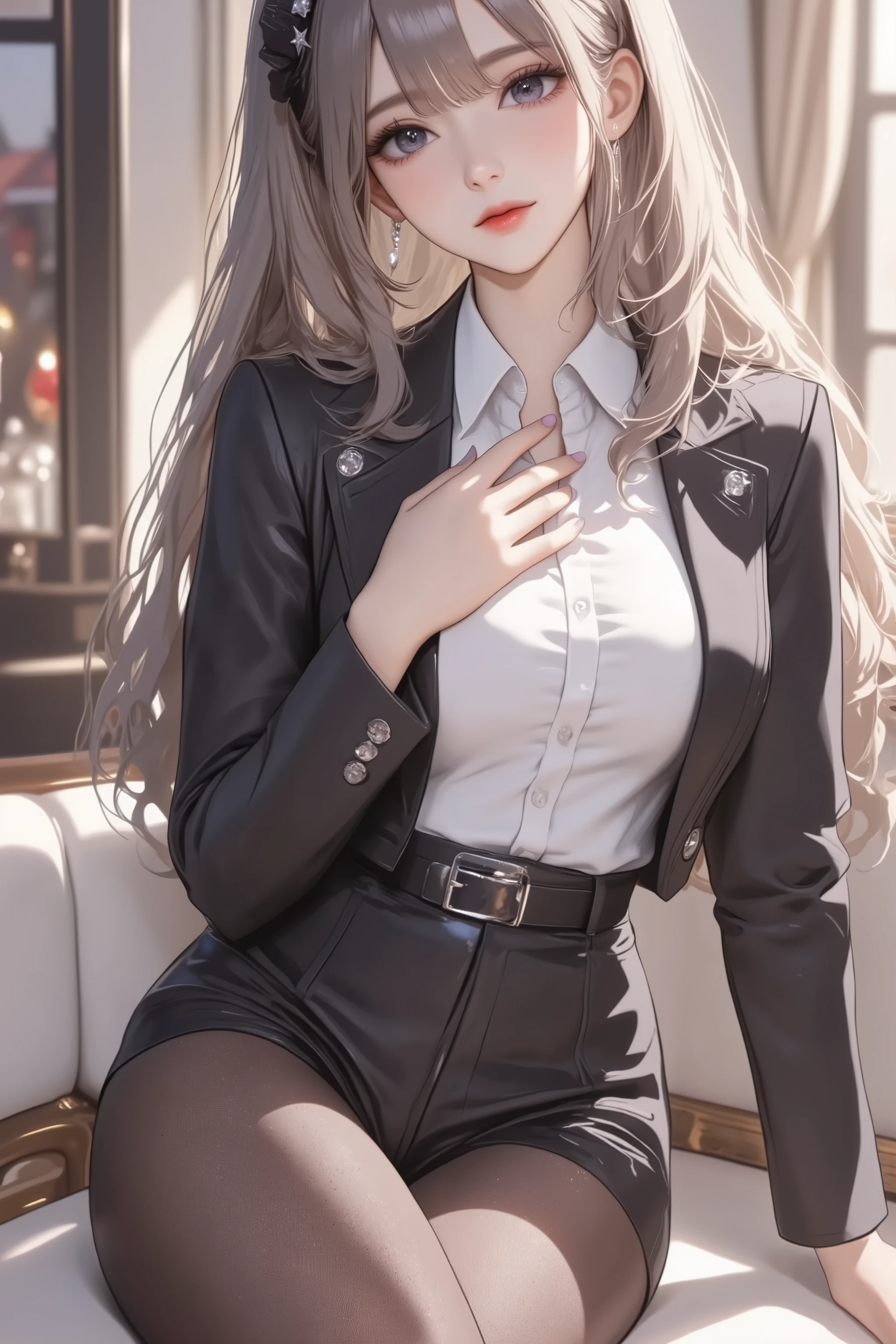 best quality, ultra-detailed, 1girl, full body, huge filesize, artbook, day, indoor, curtain, black hair, blunt bangs, grey gradient hair, ((black eyes)), huge breasts, black silk stocking, collared shirt , business suit, high heels, hair bow, smirk, sitting, head tilt, hand on own chest, crossed legs
