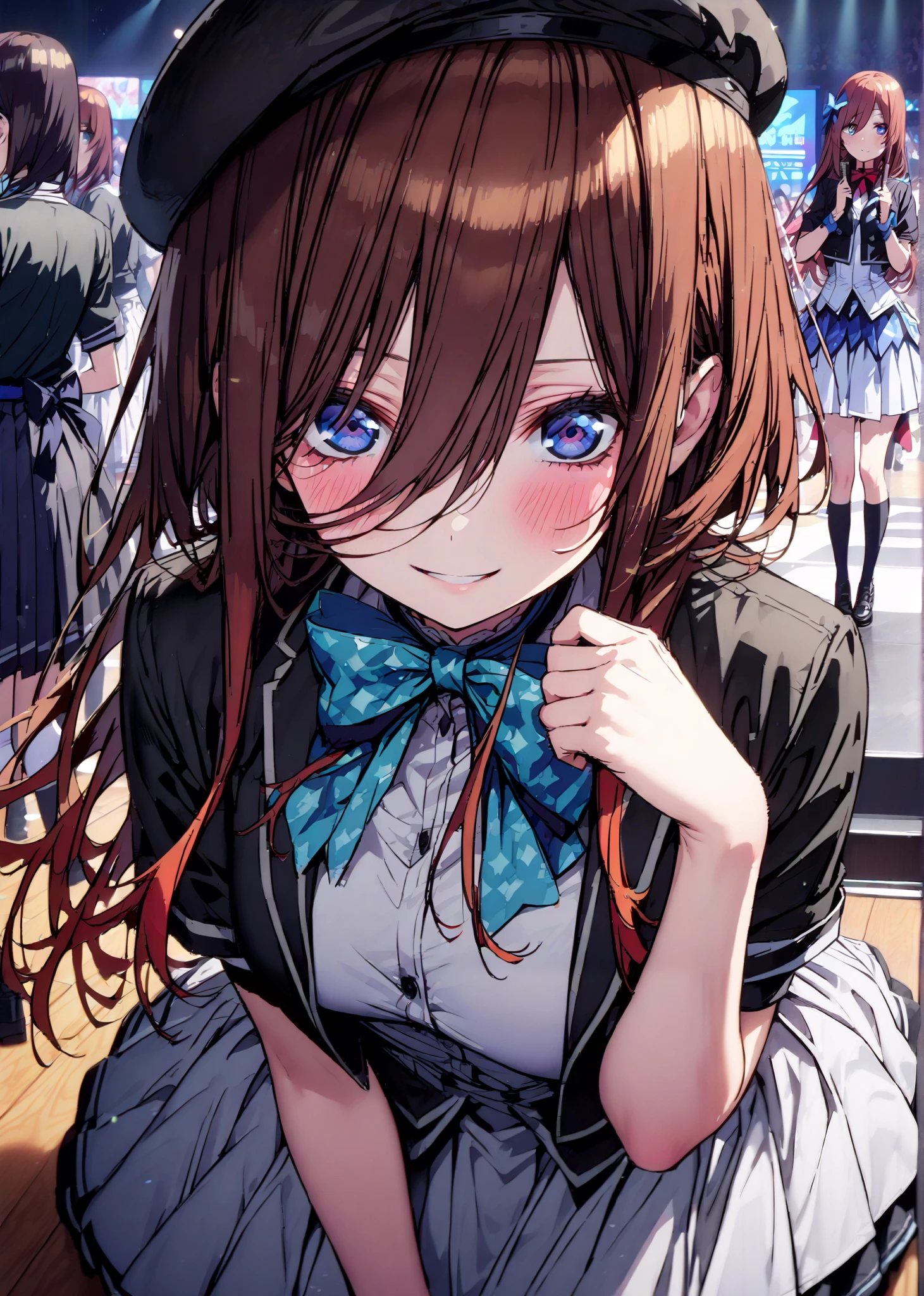 score_9, score_8_up, score_7_up, source_anime, Miku Nakano, Nakano Future,Alone ,long hair, bungs, blue eyes, brown hair,Between the eyebrows,smile,blush,open their mouths, idol costume, dress,collared dress,jacket,cropped jacket,white pleated skirt,Short sleeve,bowtie,bow,button, above Decorati has ,beret,(white knee-highs:1.2),shoes,アイドル歌手がライブ stageで熱狂的に歌うシーンのイラスト,アイドル歌手が stage中央に立っている, idol singers sing with microphones , idol singers are serious and impressive ,The singer's voice is strong and beautiful. , stageの周りにはファンが集まる, fans sing and dance with idol singers Idol singers who do things ,The Big Picture, Various colored lights ,full bodyがイラストに入るように,break indoors, stage,
break looking at viewer,full body,
break (masterpiece:1.2),top quality , kampala, Unity 8K Wallpaper ,(shape:0.8),( fine, beautiful eyes :1.6),It's a person ,full body写真,CG Details , (perfect hands with full nudity,complete anatomy),