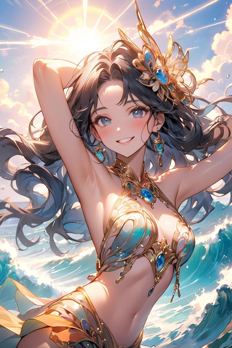 mermaid,black hair,red eyes,tan skin