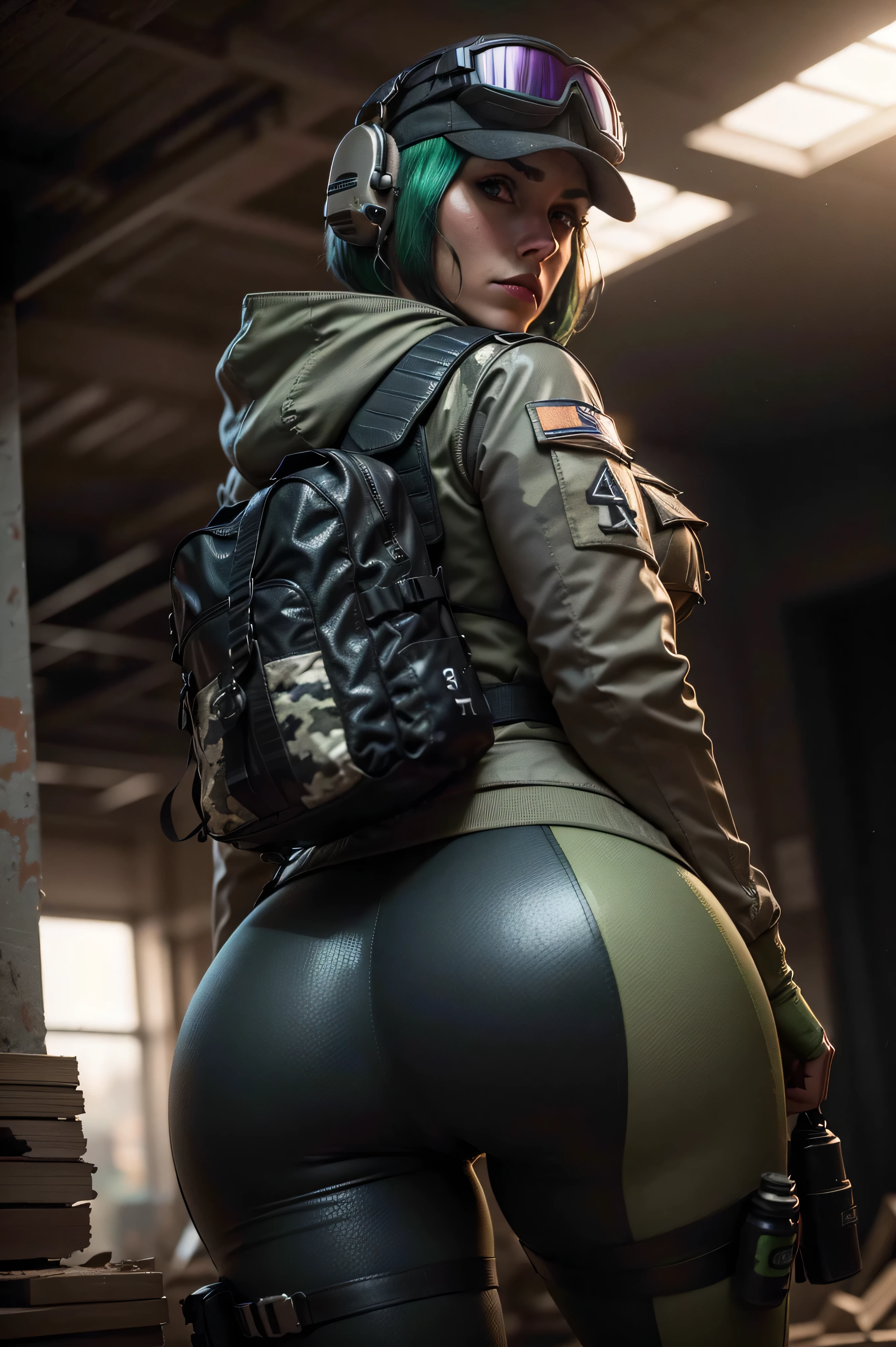 8k portrait of ela (rainbow six siege)
, camouflage, solo, green hair, backpack, boots, hat, goggles, goggles on headwear, pants, looking at viewer, jacket, hood, bag, short hair, headset, blue eyes, camouflage jacket, gloves, holster, hood down, thigh holster, radio antenna, military, headphones, leggingull body)), piercing eyes, looking at the viewer, dynamic pose, ((thighig tits:1.0), looking back, (huge ass:1.4)
, best quality, (photo-realistic:1.2), looking at the viewer, film grain, construction site scene, construction site background, debris, low angle
, dark scene, rim lighting, two tone lighting, dimly lit, low key hdr,