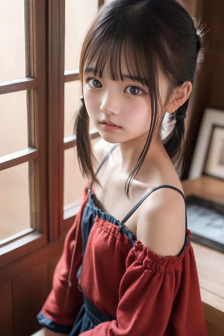 Ultra High Resolution, (Realistic: 1.4), RAW Photo, Best Quality, (Photorealistic), Focus, Soft Light, (()), ((Japanese)), (Front, Young Face))), (Depth of Field), (One Piece), Masterpiece, (Photoreal), Woman, Bangs, (( off-the-shoulder top, Bedroom, 1 Girl))