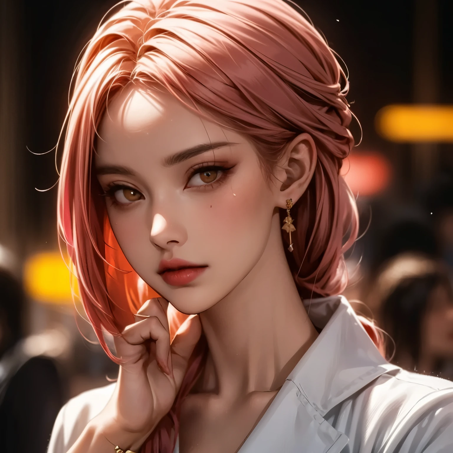 1 girl, 最high quality, masterpiece, High resolution, Pink short ponytail,Green Eyes、((Office casual suit))、(((whole body)))、Big Breasts、Cleavage, necklace(Naruto&#39;s forehead protector around his neck),hair band、 jewelry, Beautiful Face,、I&#39;looking forward to it, (((whole bodyビュー))), Realistic, Outdoor, modern square, Two-tone lighting, (Skin with attention to detail: 1.2), 8k Ultra HD, Digital SLR, Soft Light, high quality, Volumetric Light, Frank, photograph, High resolution, 4K, 8k, Background Blur