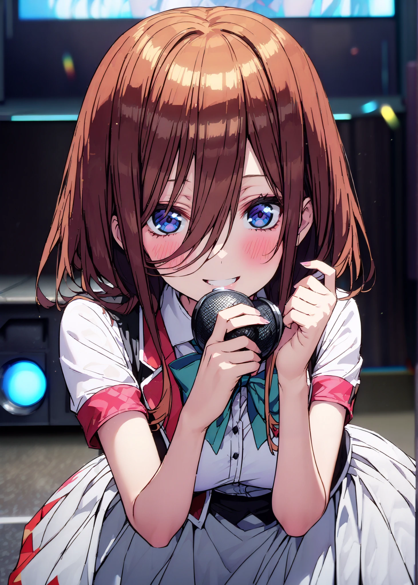 score_9, score_8_up, score_7_up, source_anime, Miku Nakano, Nakano Future,Alone ,long hair, bungs, blue eyes, brown hair,Between the eyebrows,smile,blush,open their mouths, idol costume, dress,collared dress,jacket,cropped jacket,white pleated skirt,Short sleeve,bowtie,bow,button, above Decorati has ,beret,(white knee-highs:1.2),shoes,アイドル歌手がライブ stageで熱狂的に歌うシーンのイラスト,アイドル歌手が stage中央にis standing, idol singers sing with microphones , idol singers are serious and impressive ,The singer's voice is strong and beautiful. , stageの周りにはファンが集まる, fans sing and dance with idol singers Idol singers who do things ,The Big Picture, Various colored lights ,is standing,full bodyがイラストに入るように,break indoors, stage,
break looking at viewer,full body,
break (masterpiece:1.2),top quality , kampala, Unity 8K Wallpaper ,(shape:0.8),( fine, beautiful eyes :1.6),It's a person ,full body写真,CG Details , (perfect hands with full nudity,complete anatomy),