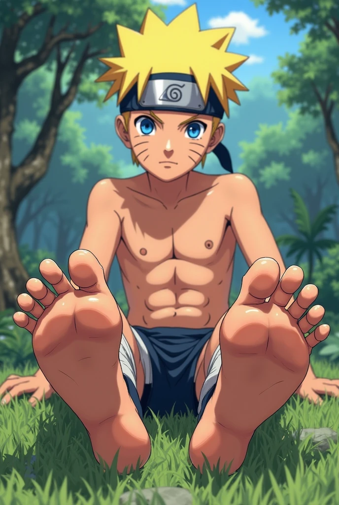 punctuation_9, punctuation_8_arriba,   source  _anime,  Style f00tcr0ft ,
1 , Naruto Usumaki, blond hair, short, pointed hair, blue eyes, in underwear, Alone, looking at the spectator,  smiling,  sitting on the grass , Cowboy Shooting, anime screencap, anime coloring, 's tail in the woods, 
(barefoot, showing perfect feet, Anatomically correct,  Soles , low angle,  focal length 35mm , each foot has five toes)
 from the front.
(symmetrical soles, focus on the foot, sweaty)
Showing realistic texture
Showing abdomen six pack

