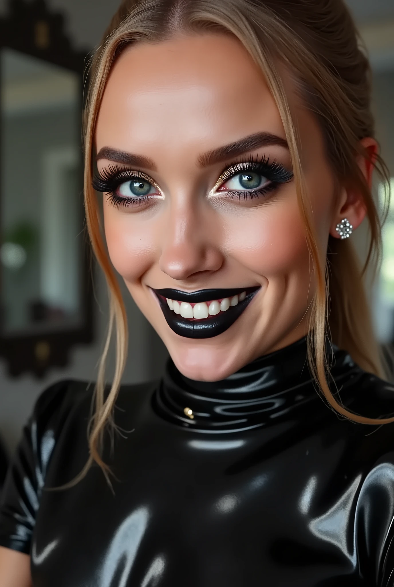 outrageously long and voluminous lash extensions., laughs a lot, Latex suit, diamond ear earrings, golden hair, black lips, bright black makeup