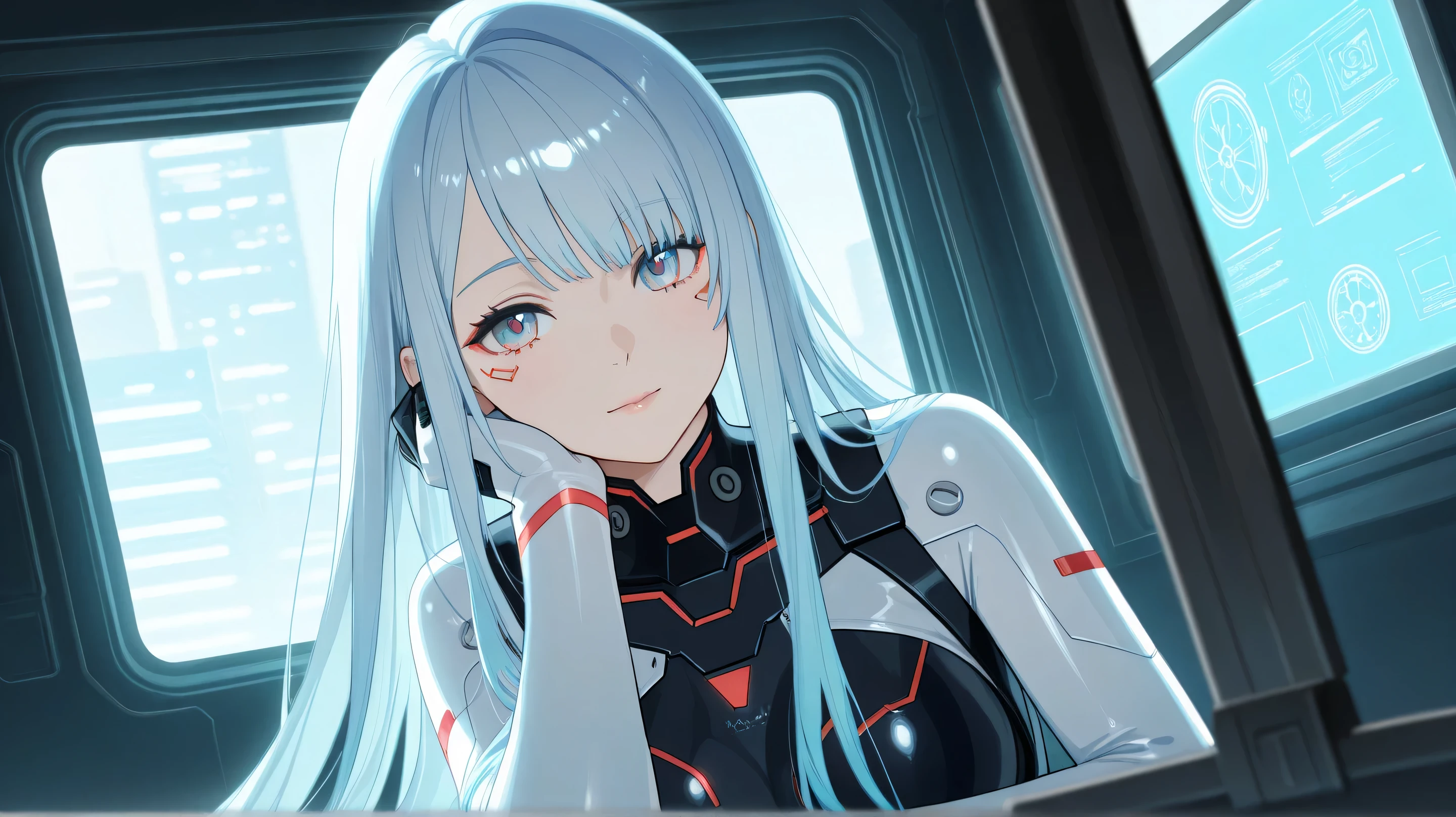 Masterpiece, Best Quality, Top Quality, Very Detailed, A melancholic young woman with long, flowing silverhair, leaning against an android companion in a dimly lit futuristic room. She wears a sleek, form-fitting white and black sci-fi suit adorned with intricate details and glowing accents. Her expression is serene yet distant, as if lost in deep thought. The soft lighting from a large window behind her casts a gentle glow on her delicate features, highlighting the reflective textures of her suit. The atmosphere is a mix of nostalgia and solitude, creating a cinematic, hyper-realistic anime style with sci-fi and cyberpunk aesthetics.