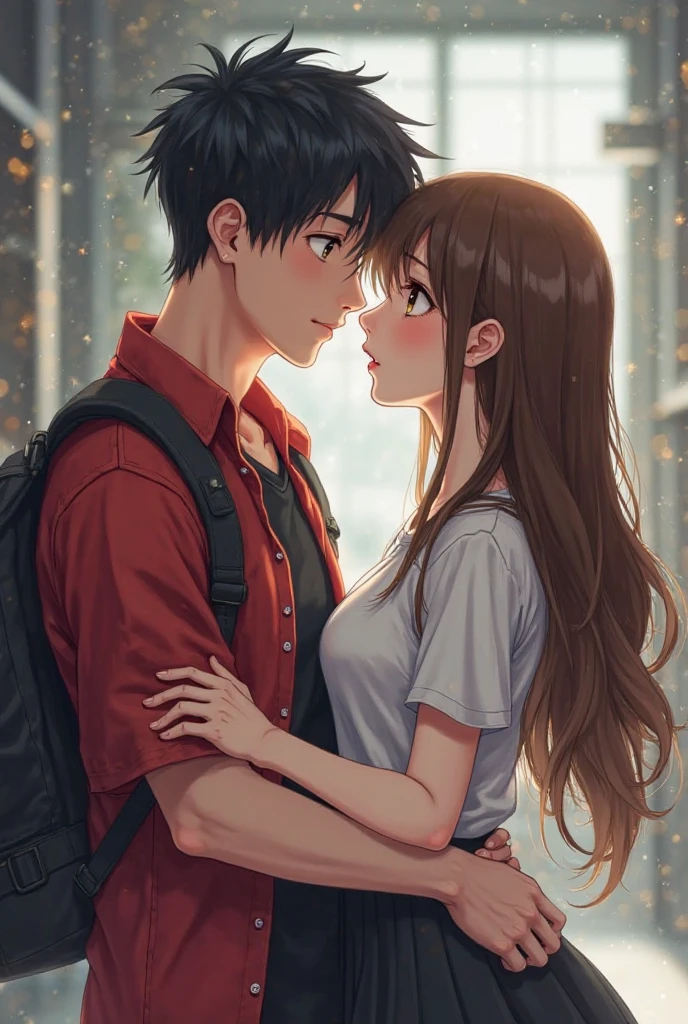 A boy and a girl stand side by side, holding the railing of a shopping mall. Their shoulders touch as they both turn their heads to look at each other. Without moving their hands from the railing, they lean in close and share a gentle kiss.

They dont move their body.. they just move the neck toh look at each other and kisses... They look Infront... In the picture we don't get a side view.. we get to see their back and they looking at each other by moving the neck not whole body